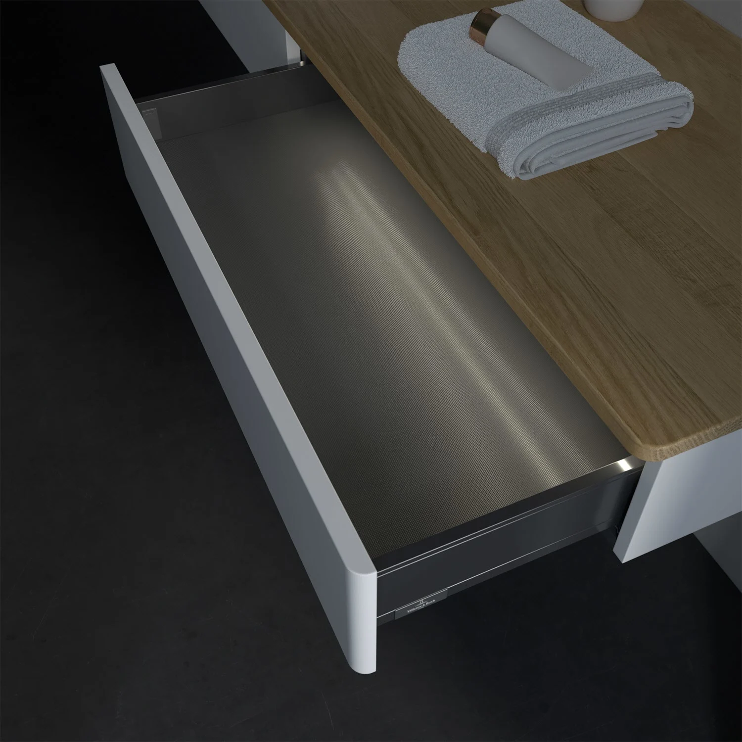 Otwarta szuflada pod drewnianym blatem w łazience, Villeroy & Boch