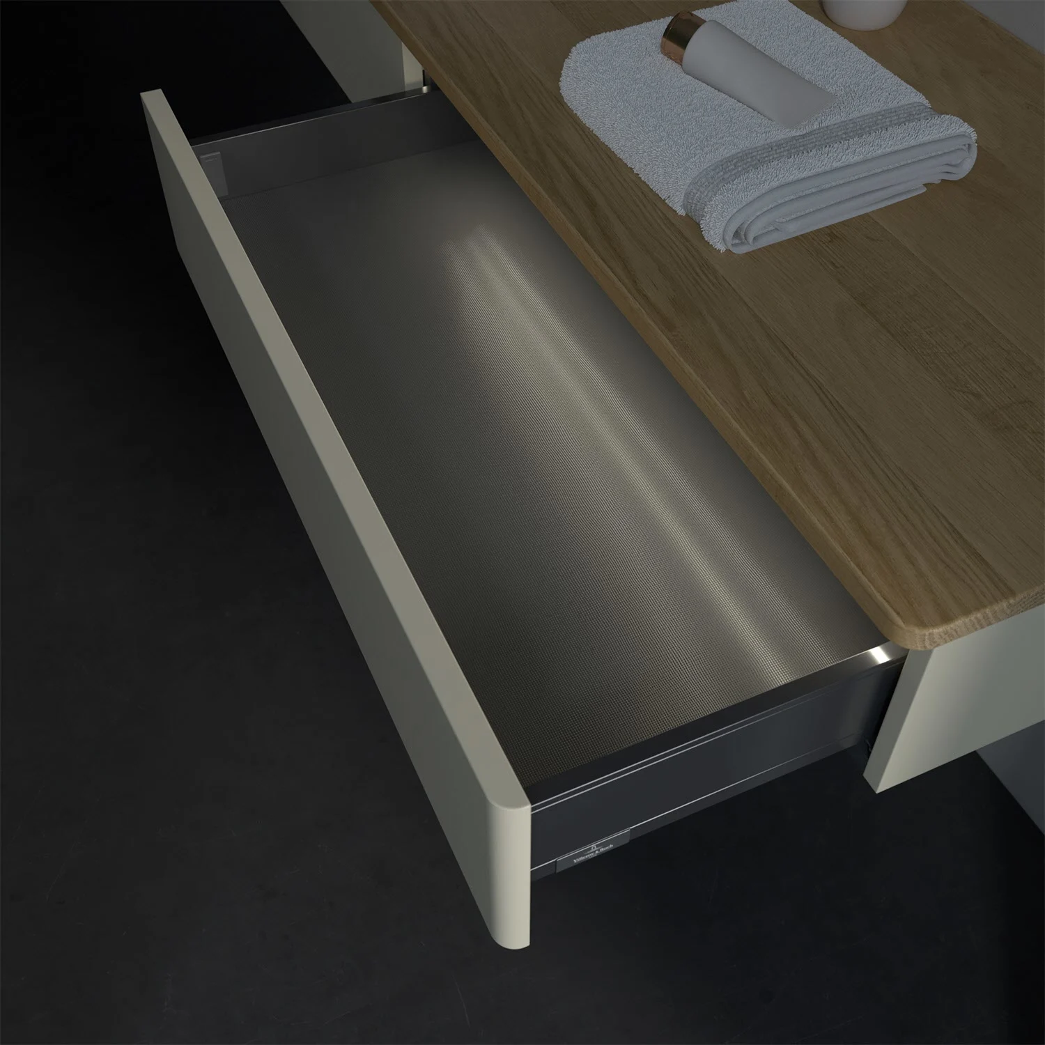 Otwarta szuflada pod drewnianym blatem w łazience, Villeroy & Boch