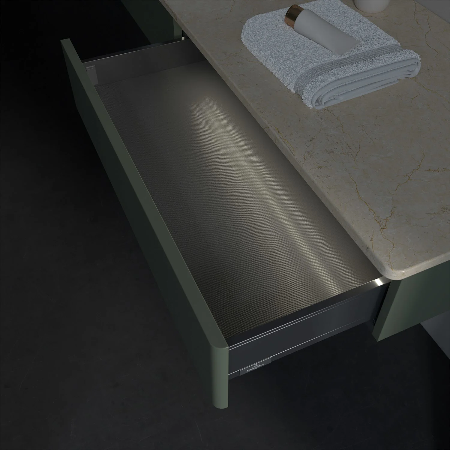 Otwarta szuflada pod marmurowym blatem w łazience, Villeroy & Boch