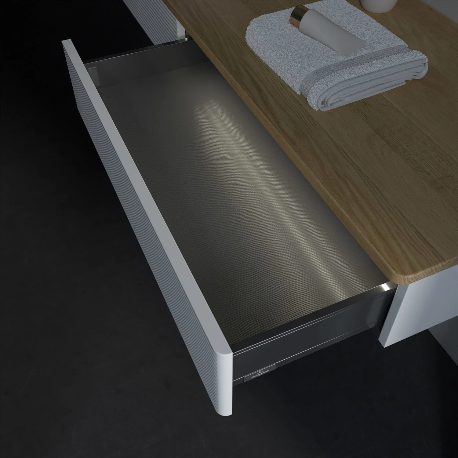Zbliżenie otwartej białej szuflady w łazience, Villeroy & Boch
