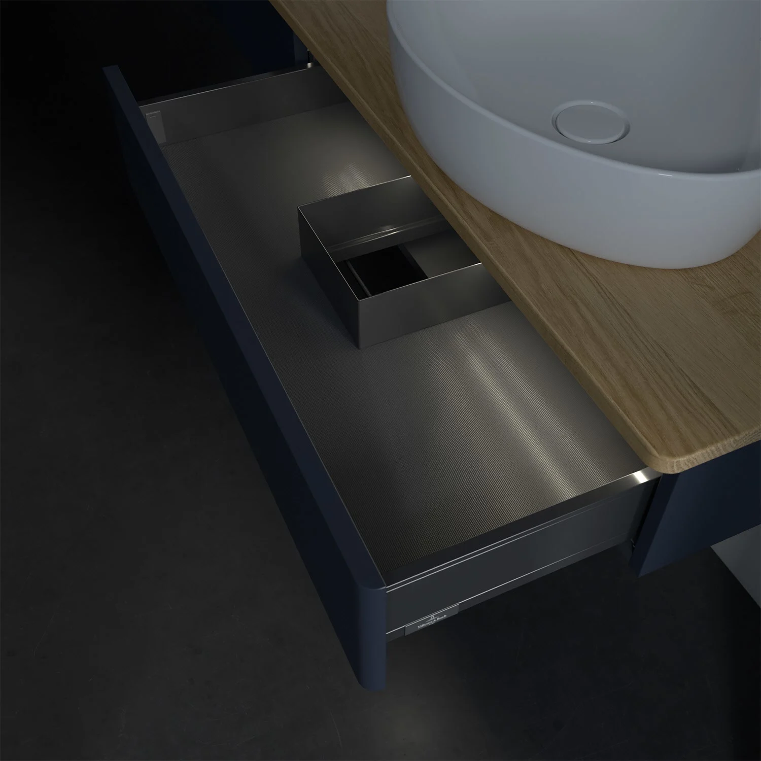 Zbliżenie otwartej szuflady pod zlewem, Villeroy & Boch