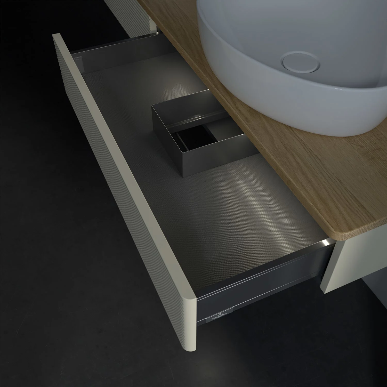 Zbliżenie otwartej drewnianej szuflady w łazience, Villeroy & Boch