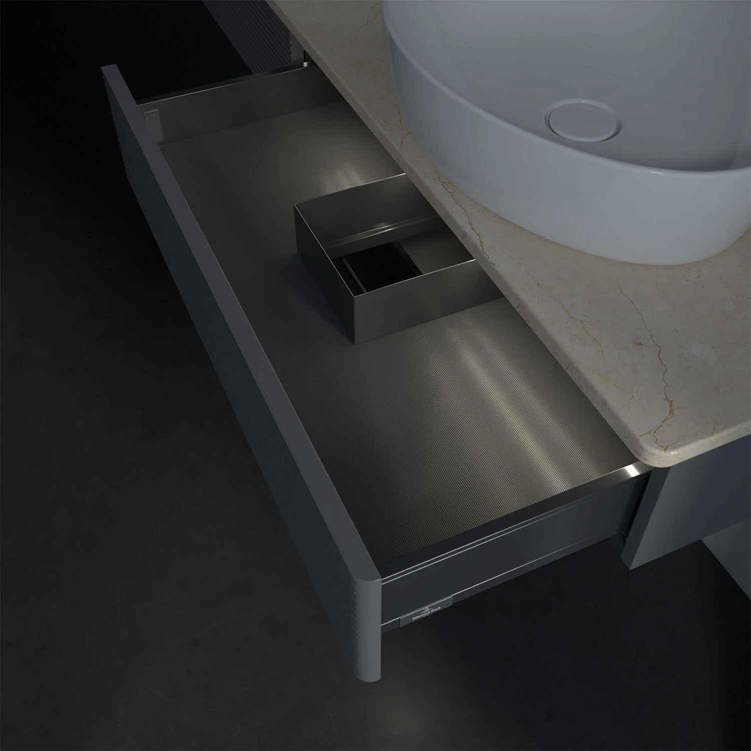 Zbliżenie otwartej szuflady w łazience, Villeroy & Boch