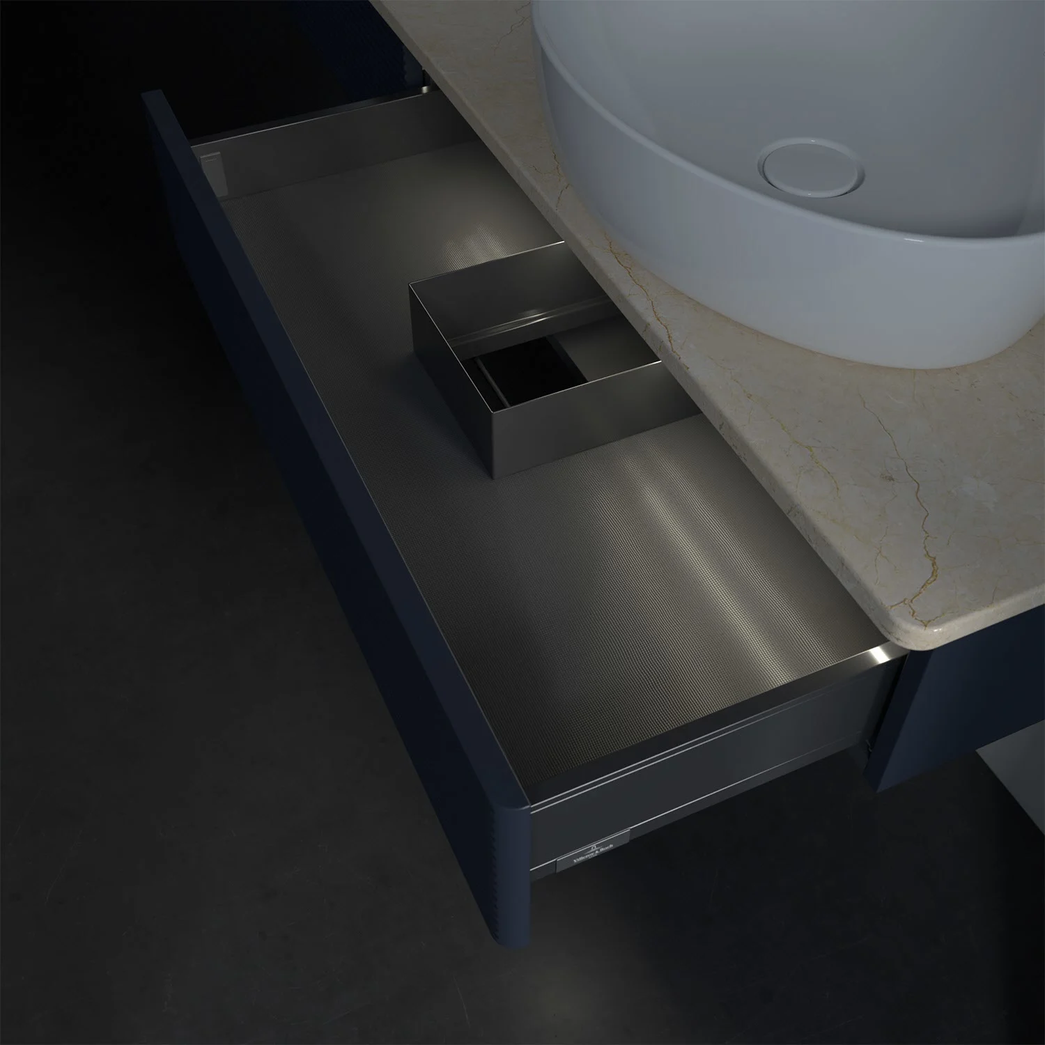 Zbliżenie otwartej szuflady w łazience, Villeroy & Boch