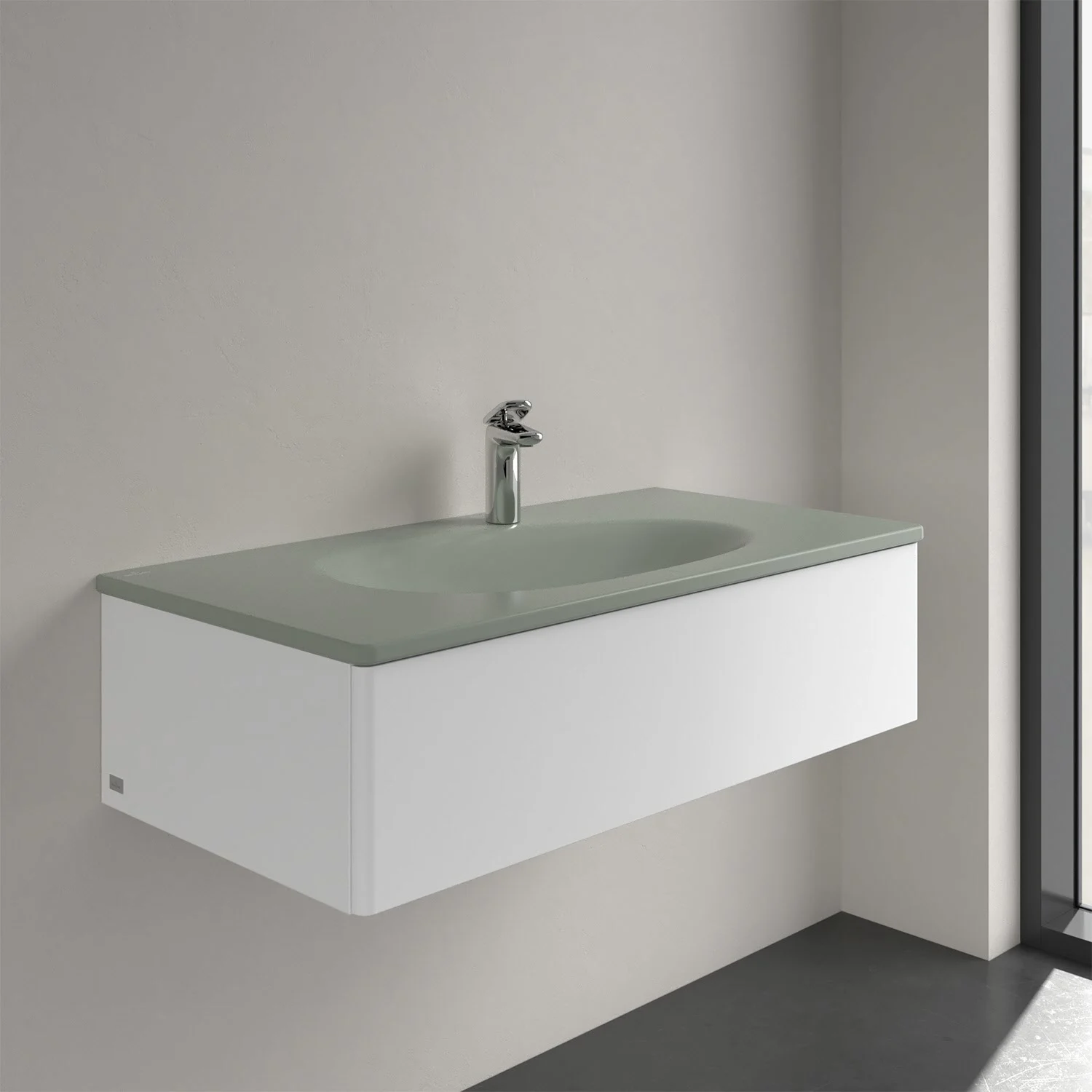 Szara umywalka z baterią zbliżenie, Villeroy & Boch