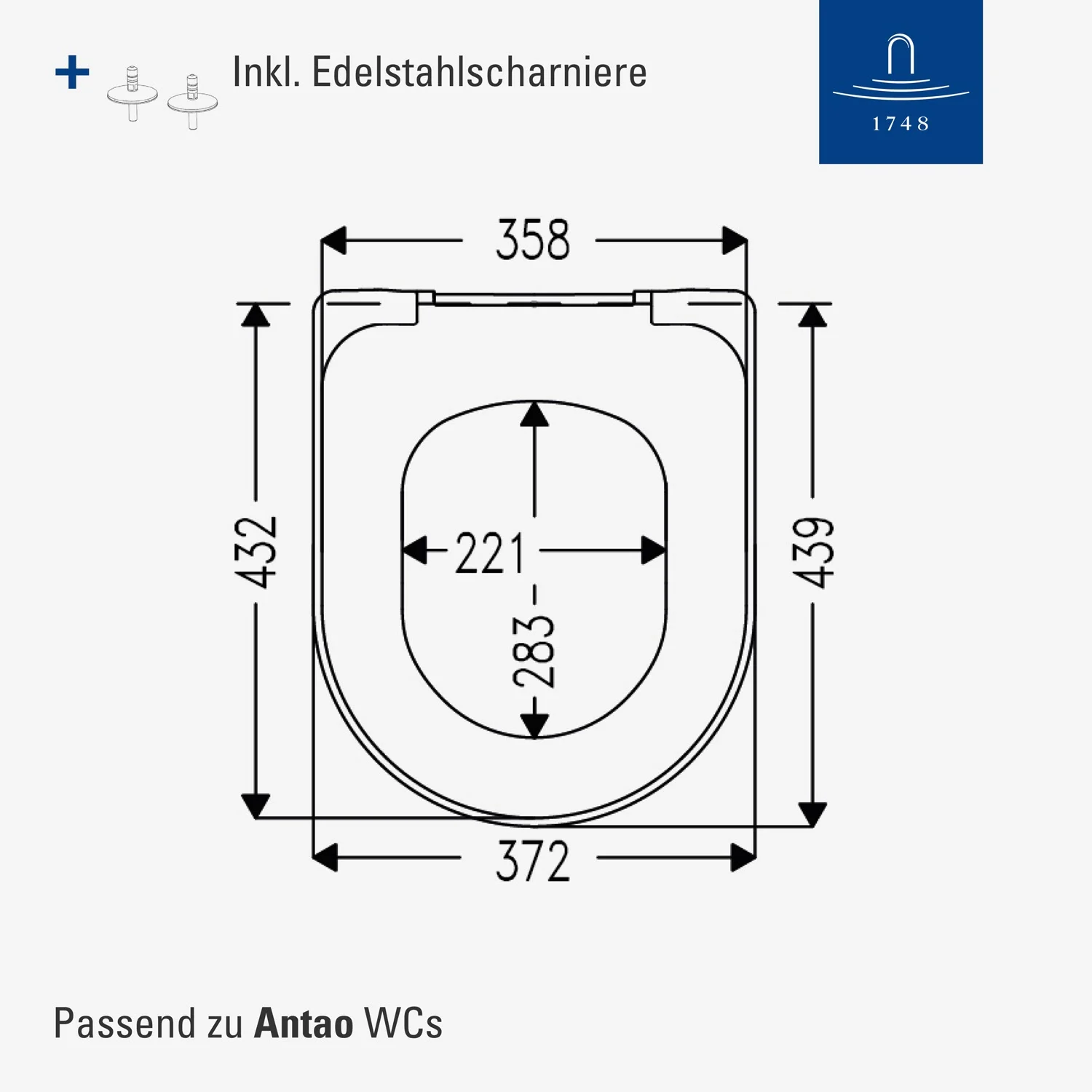 Rysunek techniczny deski sedesowej z wymiarami, Villeroy & Boch