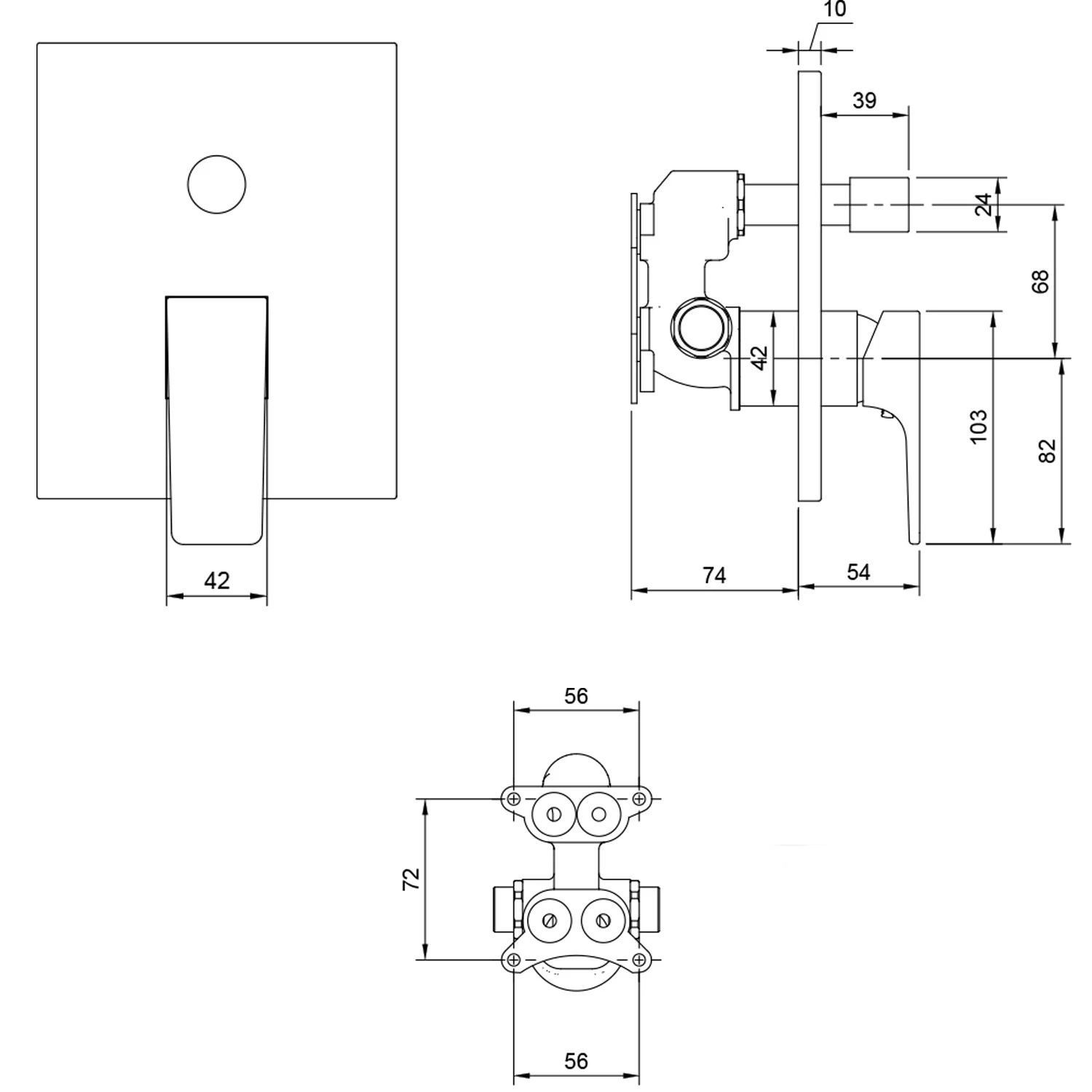 Rysunek techniczny baterii z wymiarami, Villeroy & Boch