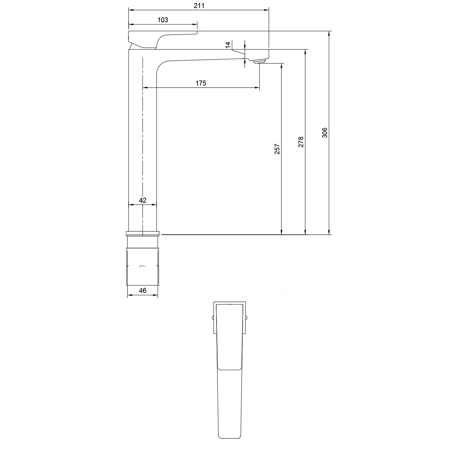 Rysunek techniczny baterii z wymiarami, Villeroy & Boch