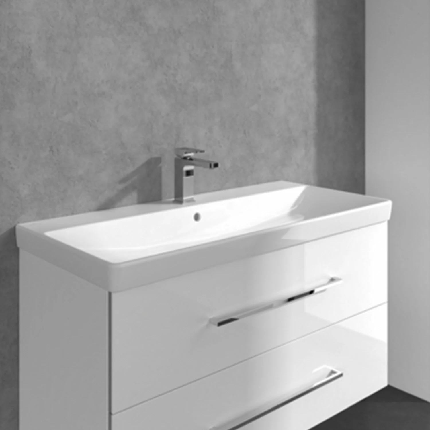 Umywalka ze srebrną baterią w łazience, Villeroy & Boch