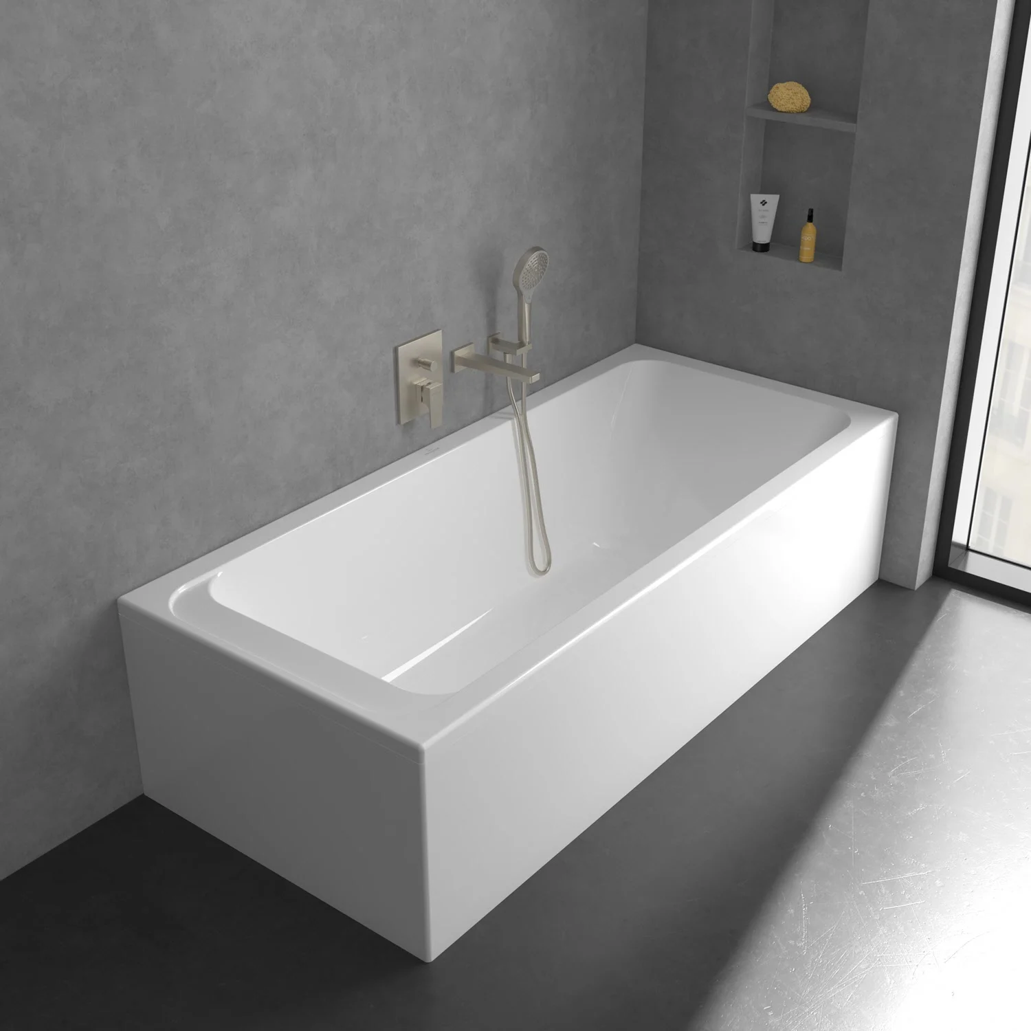 Biała wanna z beżową baterią w łazience, Villeroy & Boch