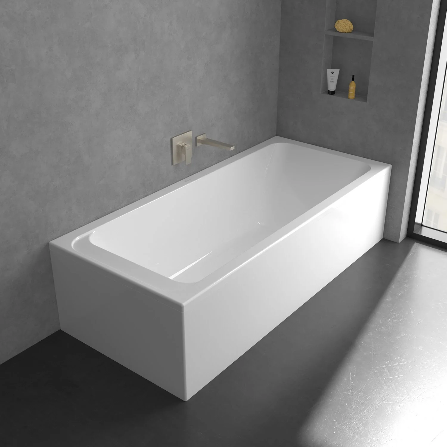 Zbliżenie czarnych armatur na szarej ścianie, Villeroy & Boch