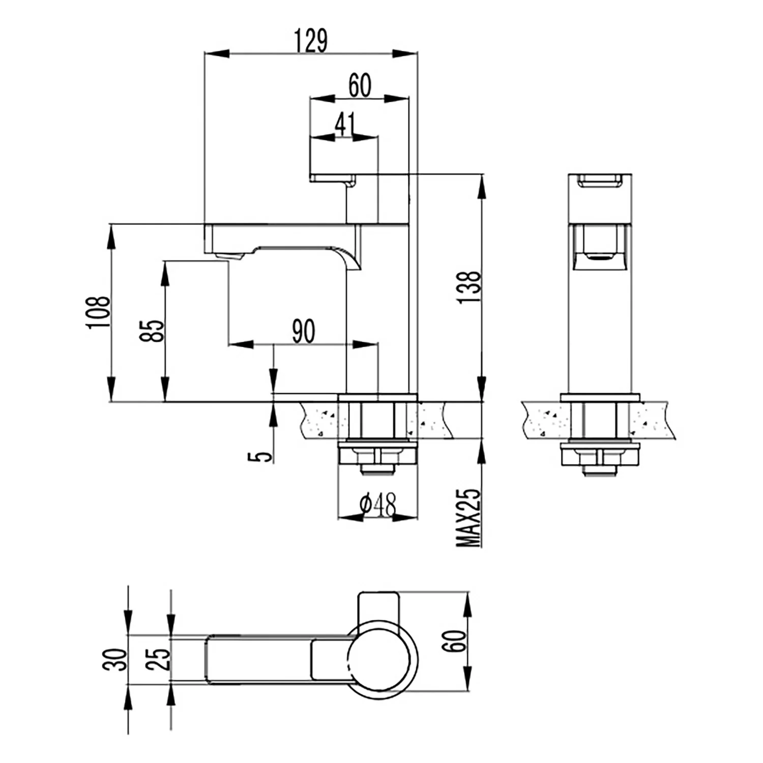 Rysunek techniczny baterii z wymiarami, Villeroy & Boch