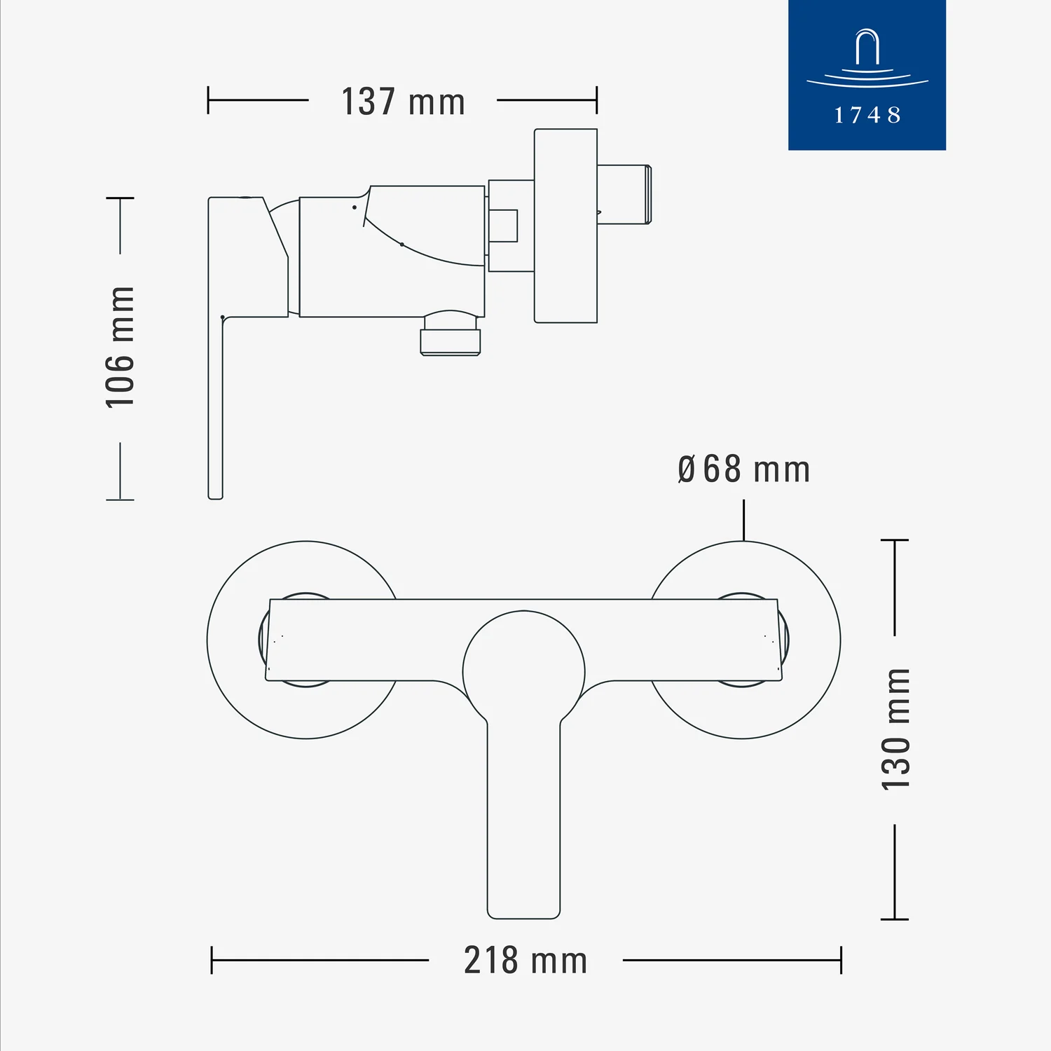 Rysunek techniczny baterii z wymiarami, Villeroy & Boch
