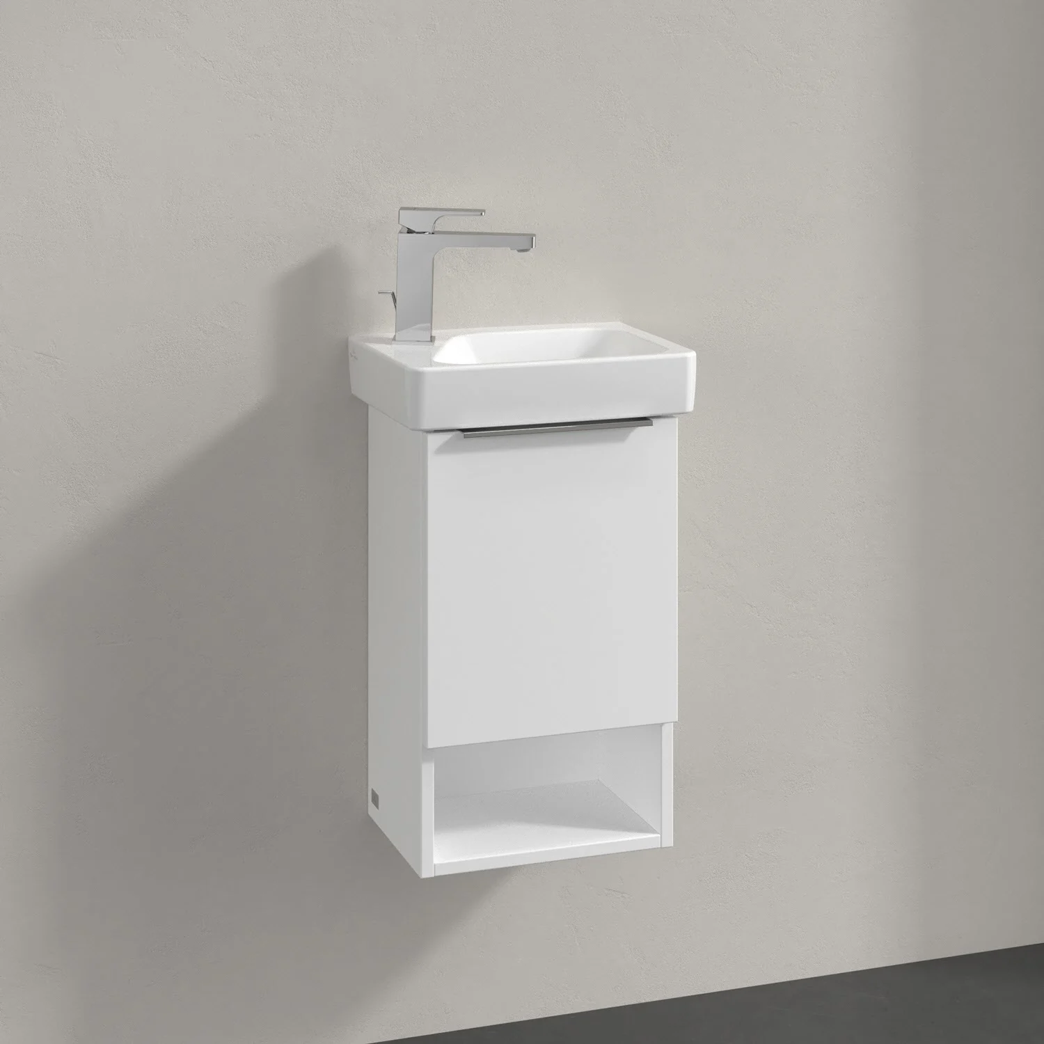 Biała umywalka z szafką na ścianie, Villeroy & Boch