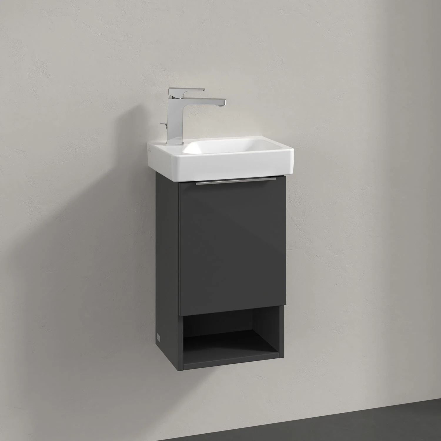 Umywalka z szarą szafką zbliżenie, Villeroy & Boch
