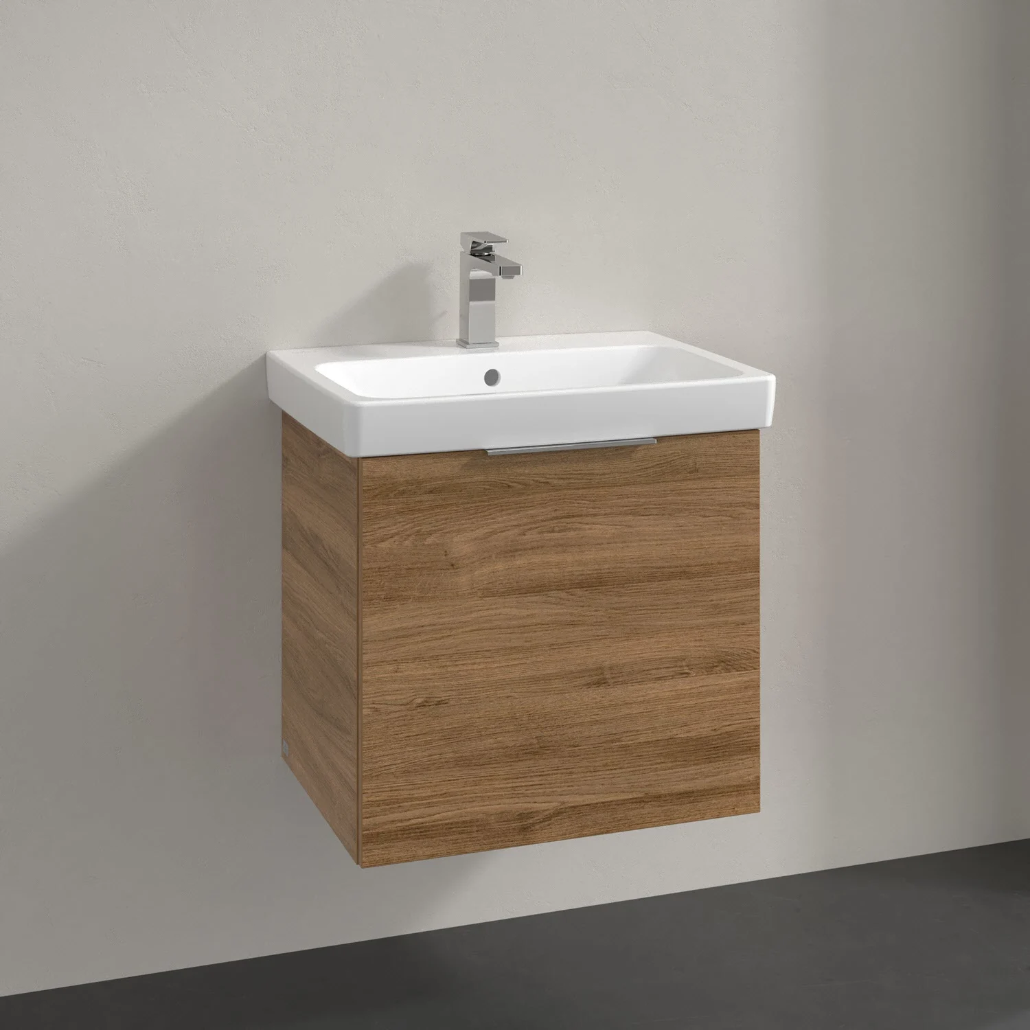 Umywalka z ciemną drewnianą szafką widok z przodu, Villeroy & Boch