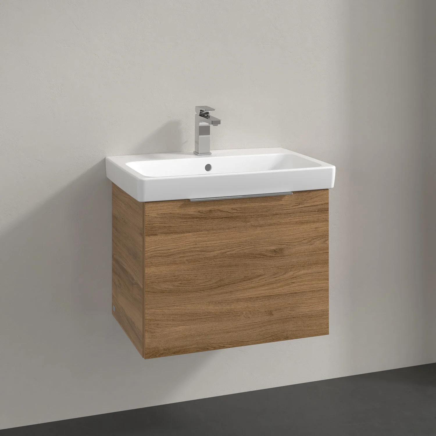 Umywalka z ciemną drewnianą szafką zbliżenie, Villeroy & Boch