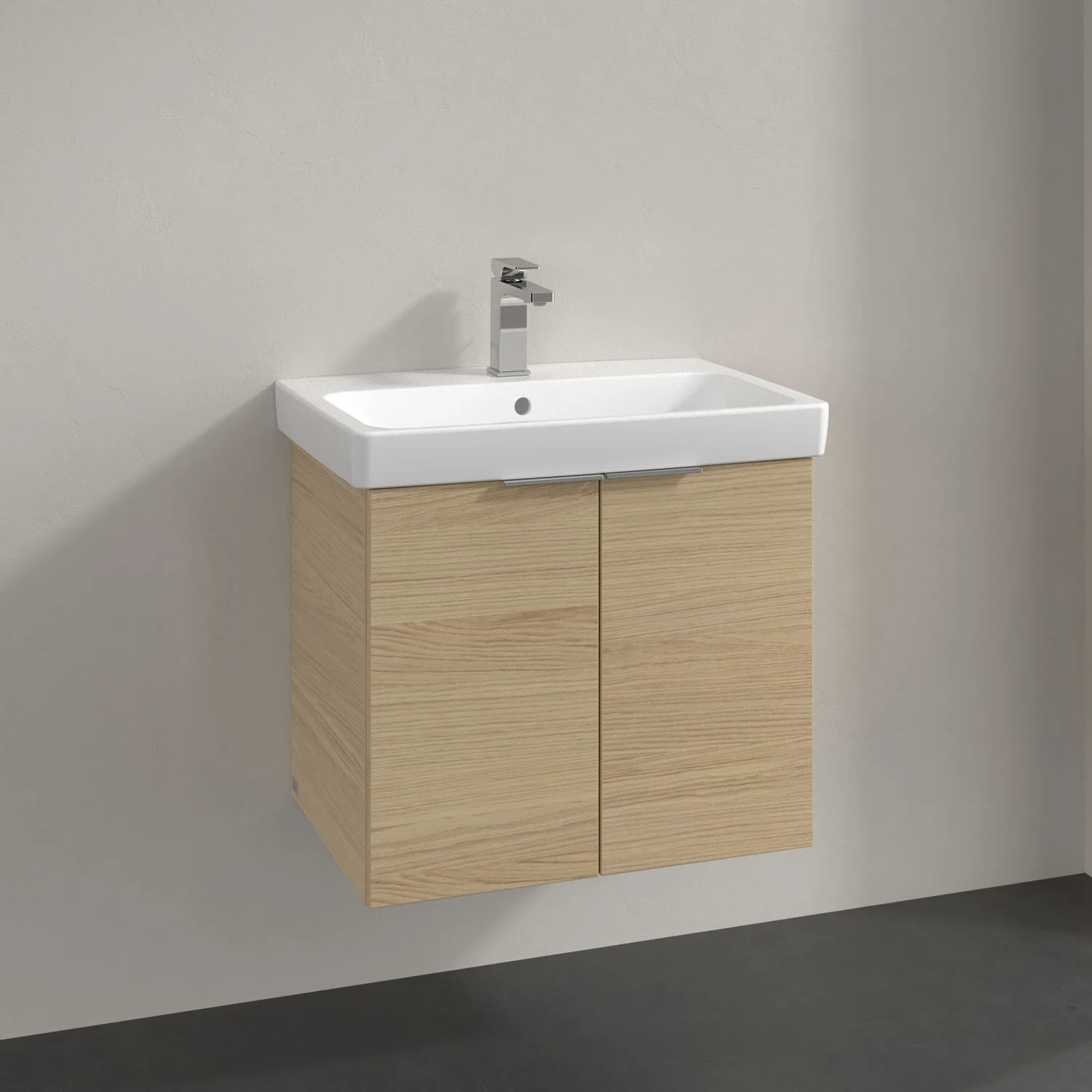 Umywalka z jasną drewnianą szafką widok z przodu, Villeroy & Boch