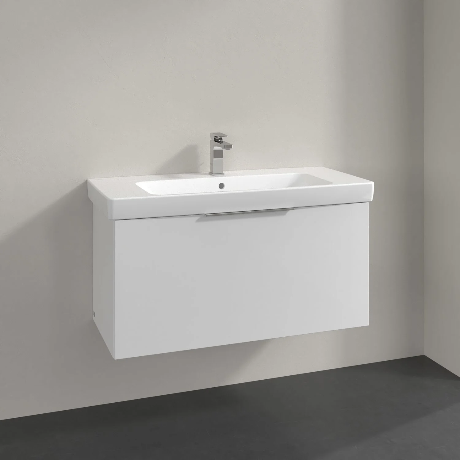 Biała szafka z umywalką w zbliżeniu, Villeroy & Boch