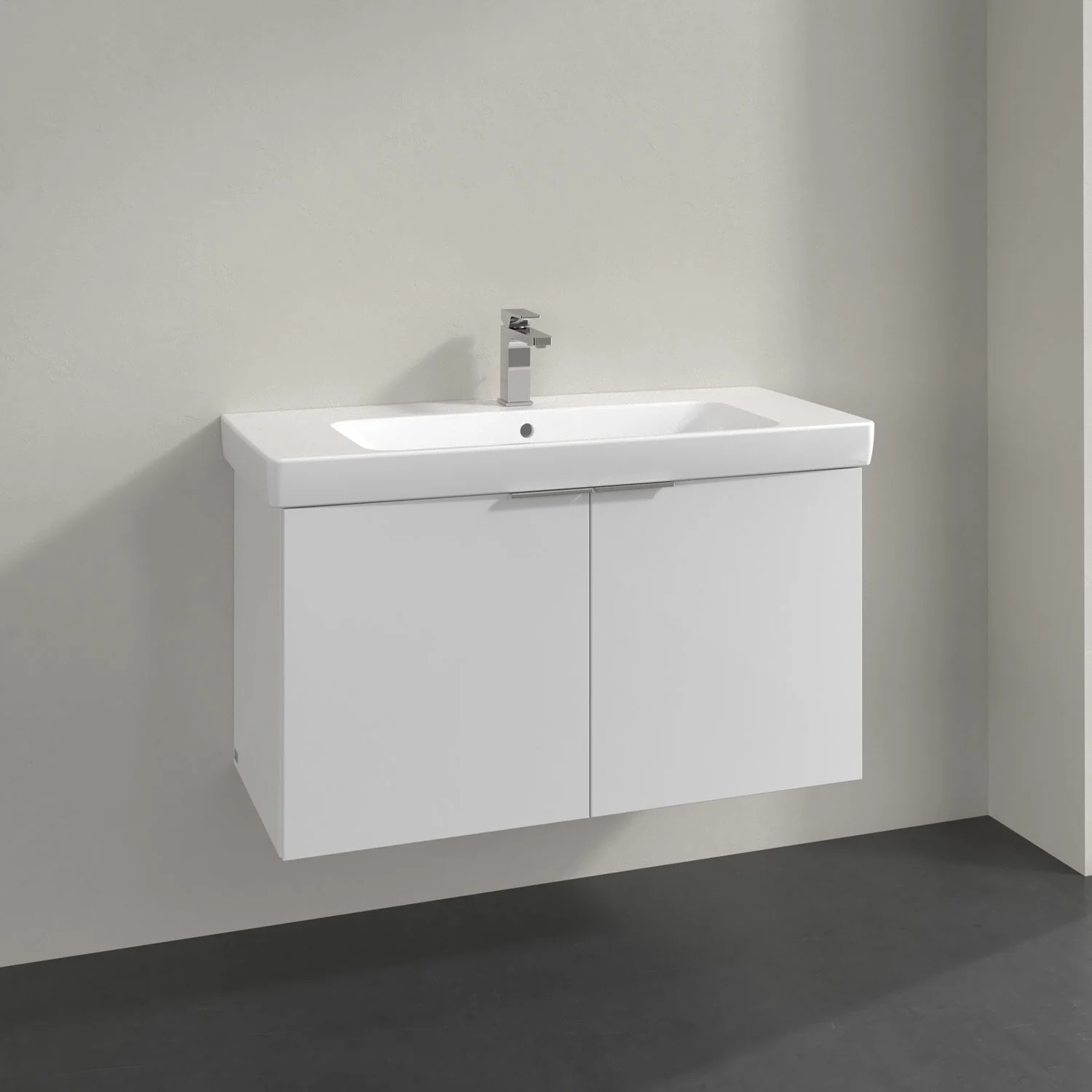 Biała szafka z umywalką w zbliżeniu, Villeroy & Boch