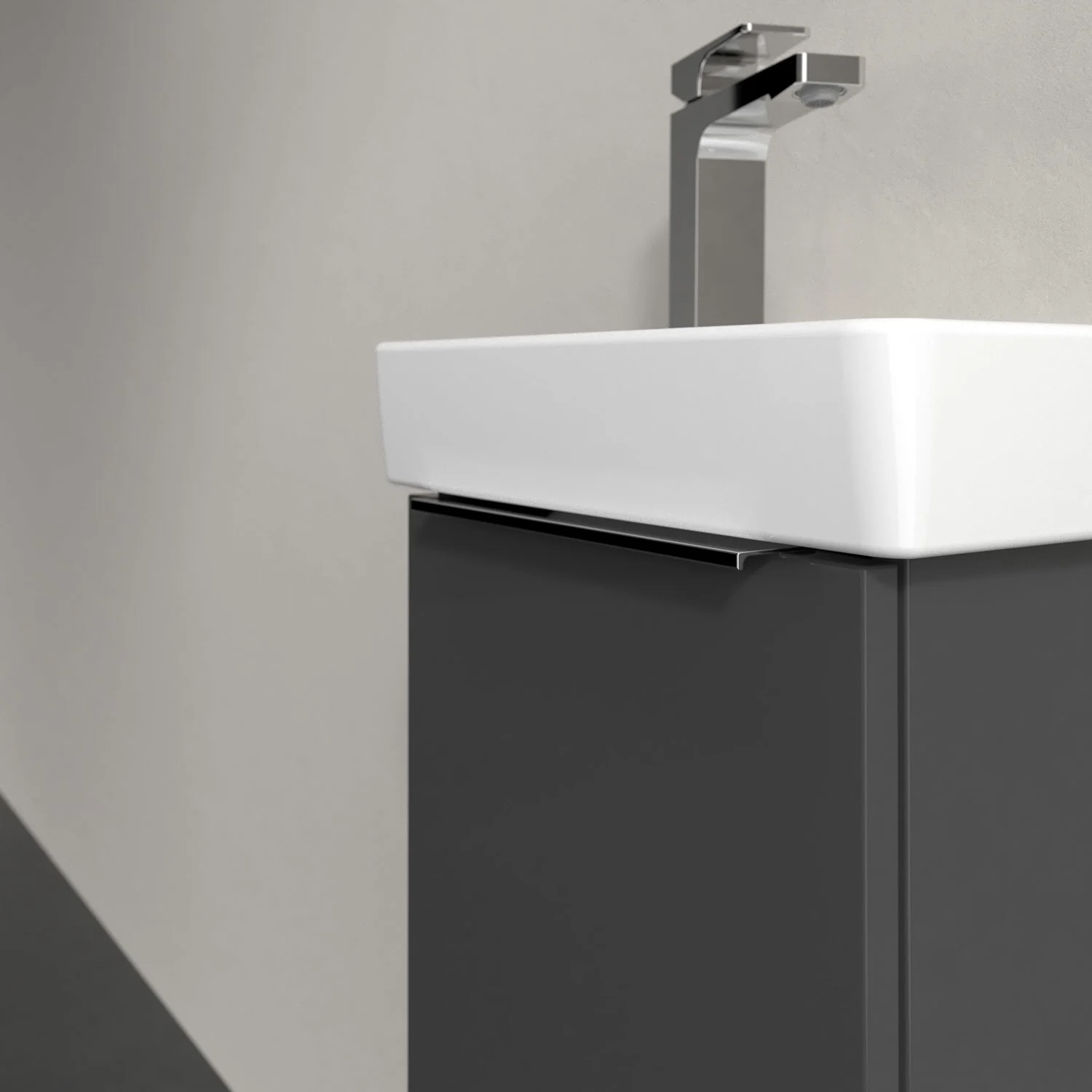 Umywalka z szarą szafką zbliżenie, Villeroy & Boch