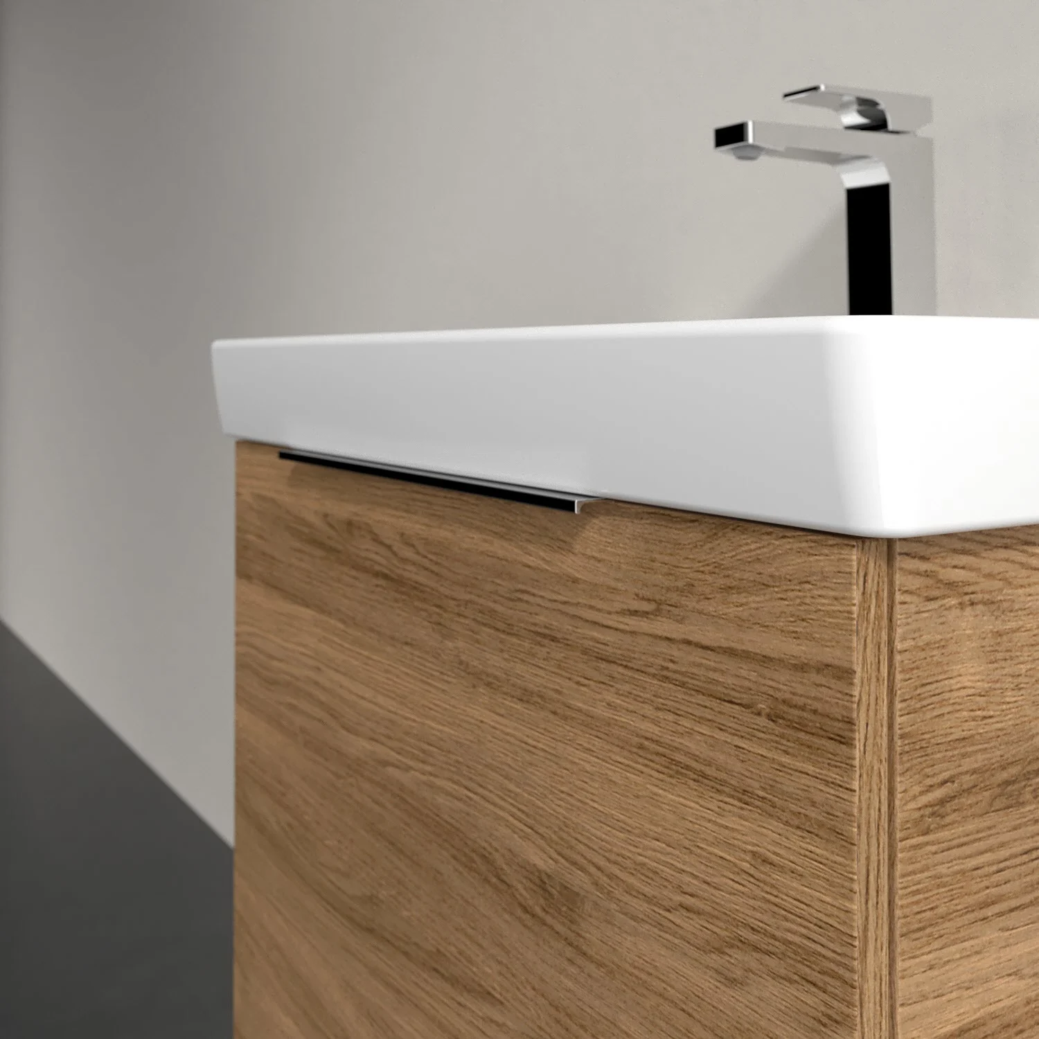 Umywalka z ciemną drewnianą szafką zbliżenie, Villeroy & Boch
