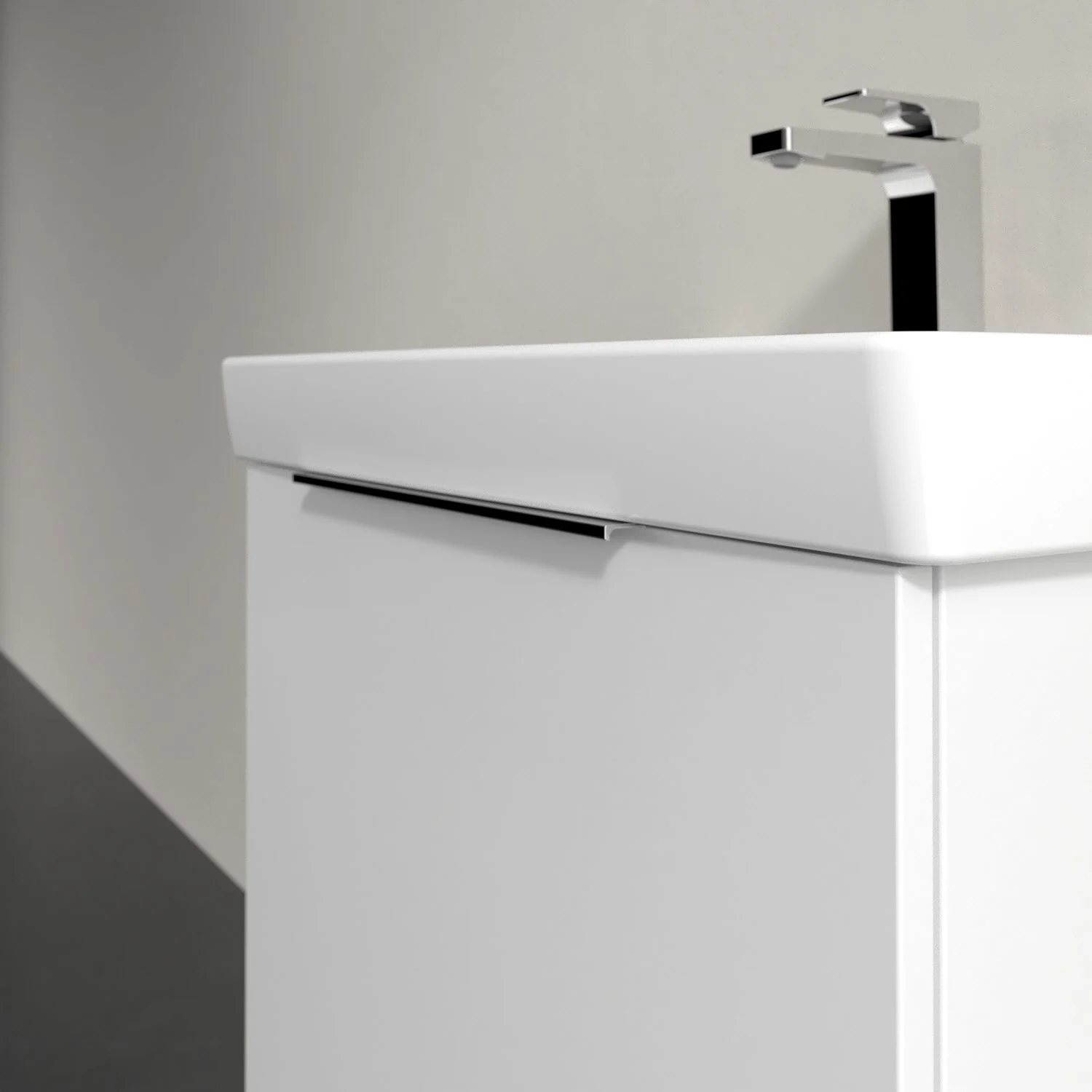 Umywalka z białą szafką zbliżenie, Villeroy & Boch