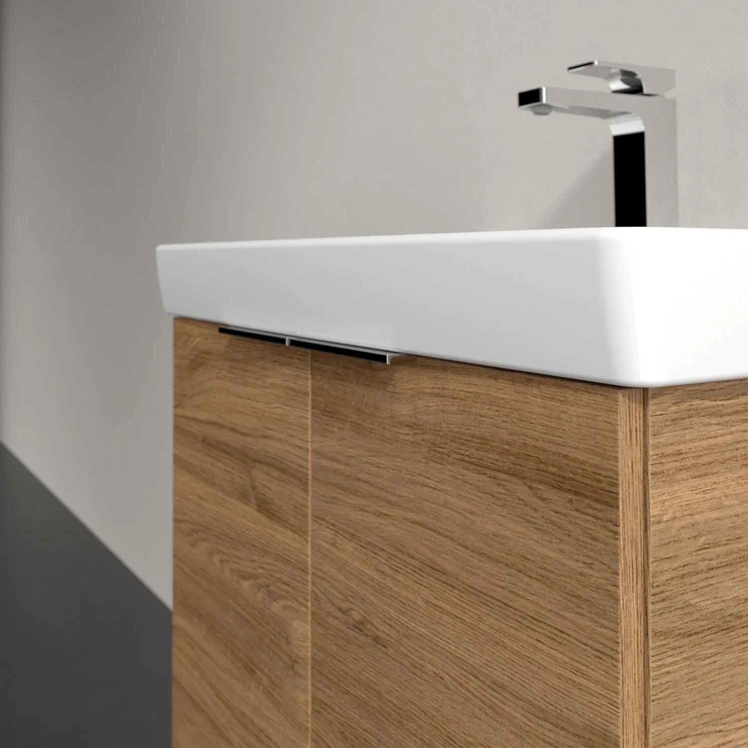 Umywalka z ciemną drewnianą szafką zbliżenie, Villeroy & Boch