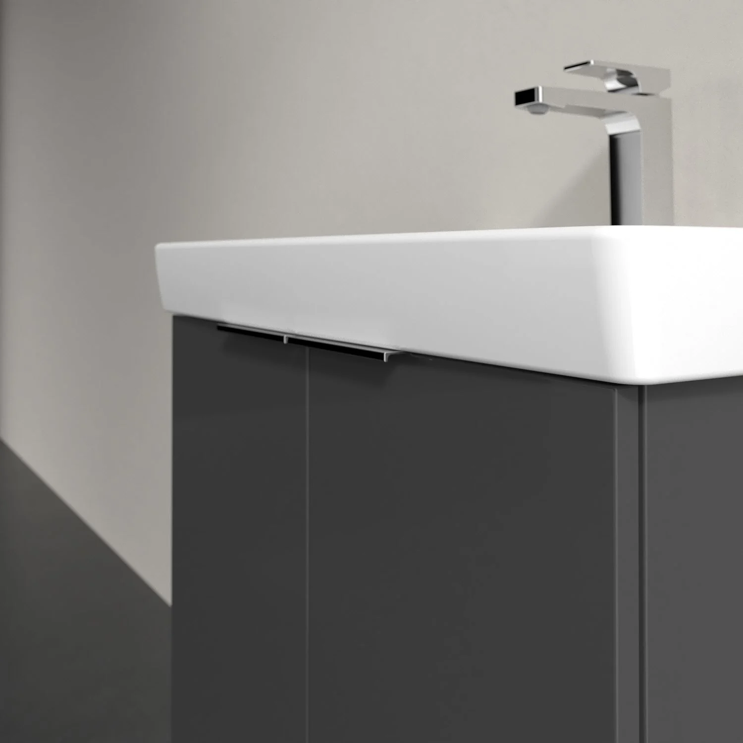 Umywalka z szarą szafką zbliżenie, Villeroy & Boch