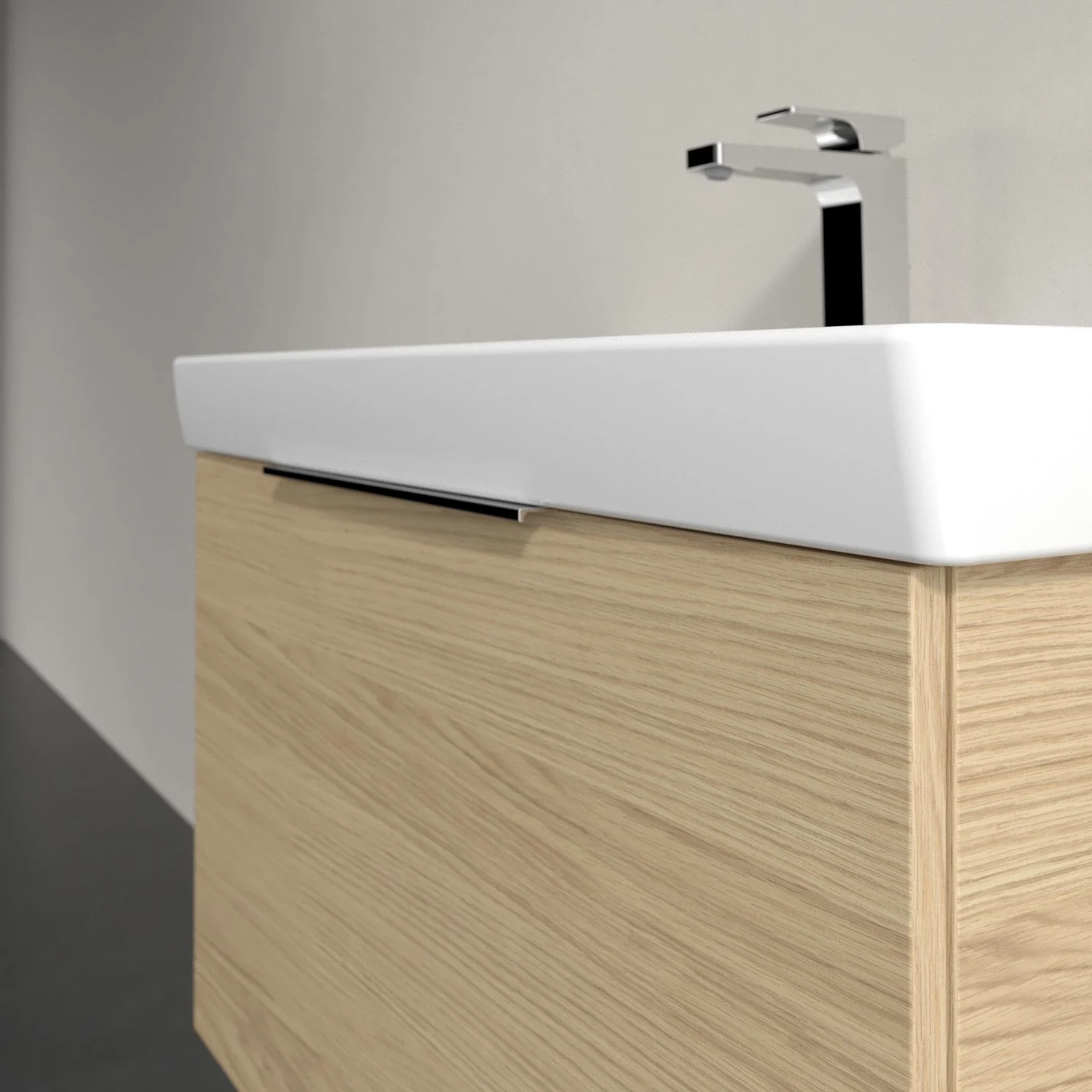 Umywalka z jasną drewnianą szafką zbliżenie, Villeroy & Boch