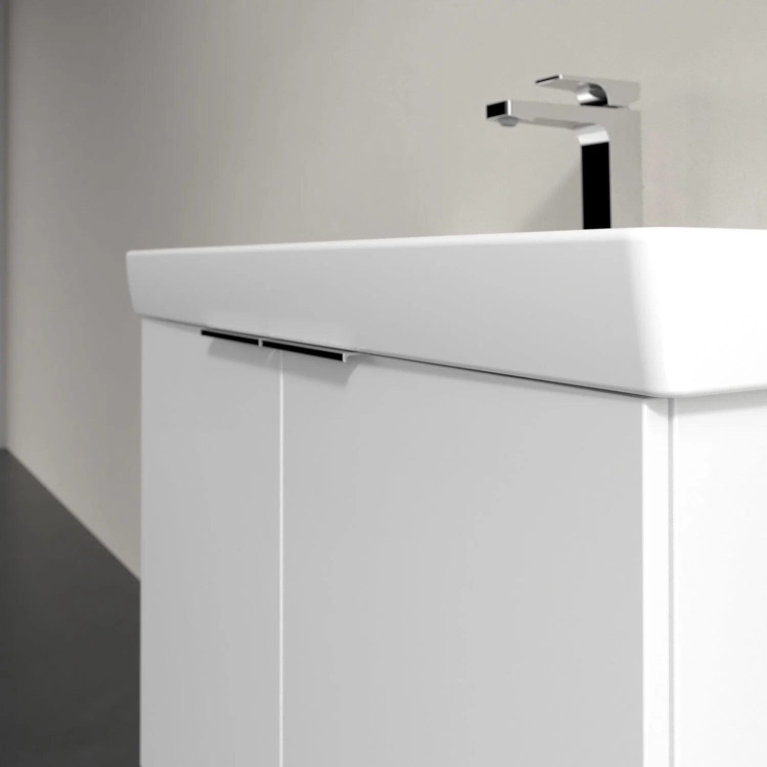 Umywalka z białą szafką zbliżenie, Villeroy & Boch