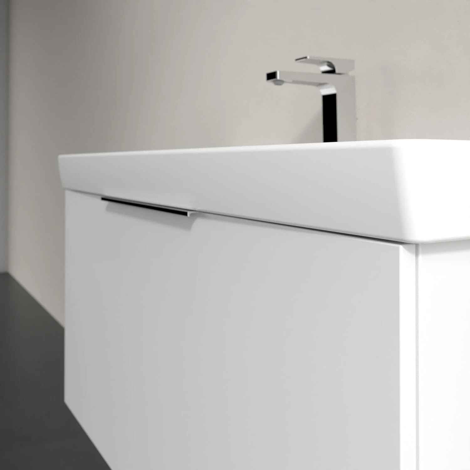 Umywalka z białą szafką zbliżenie, Villeroy & Boch