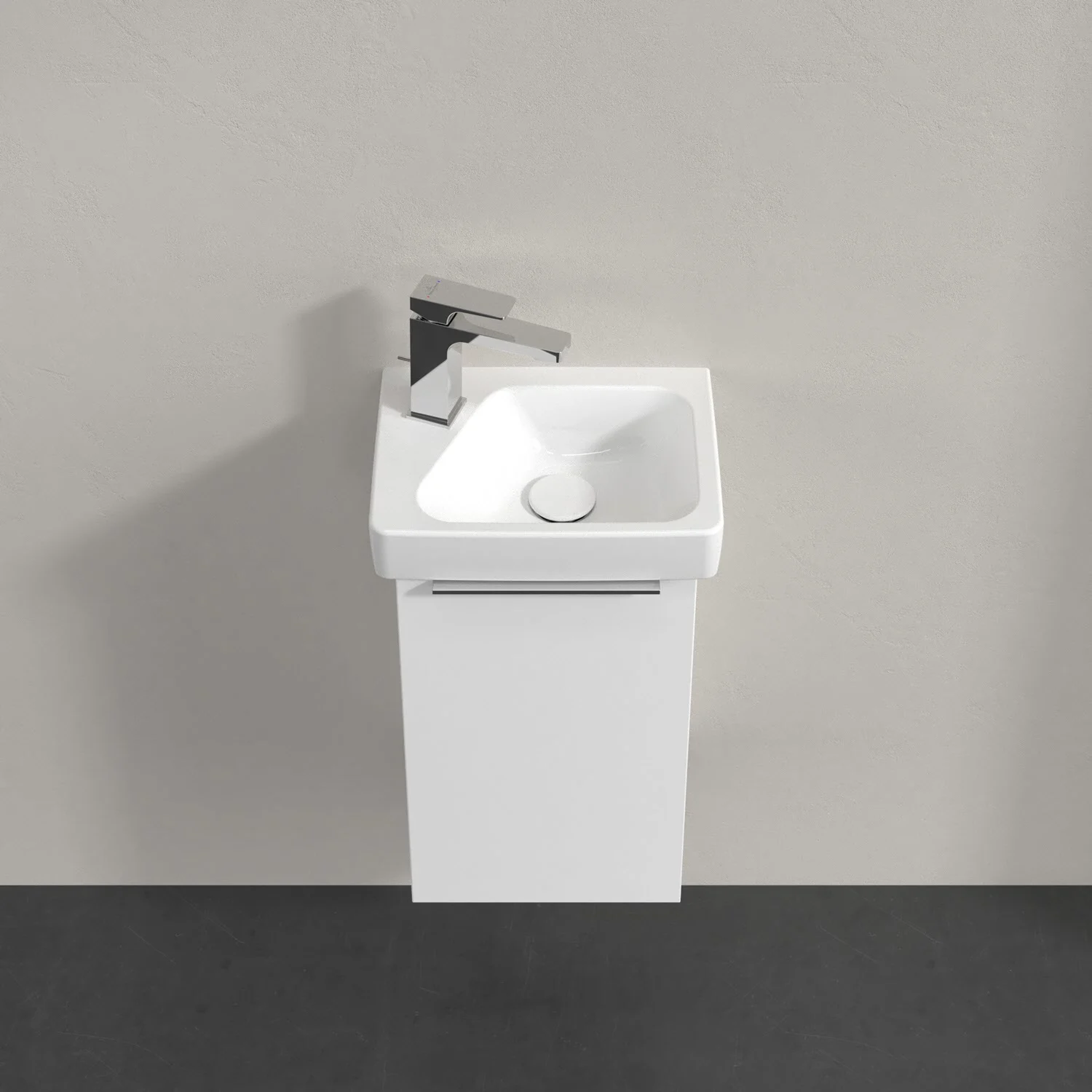 Biała umywalka z szafką w zbliżeniu, Villeroy & Boch