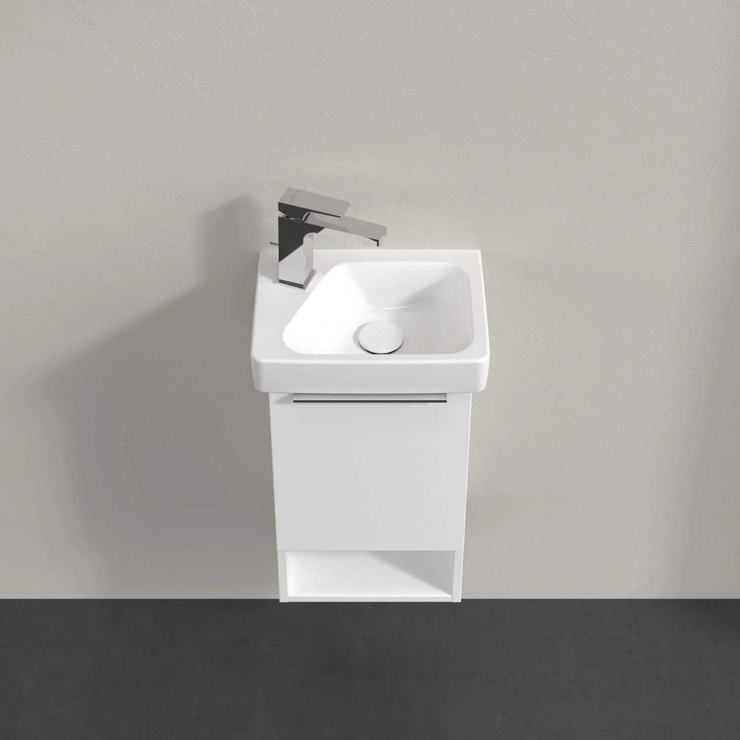 Umywalka z białą szafką z bliska, Villeroy & Boch