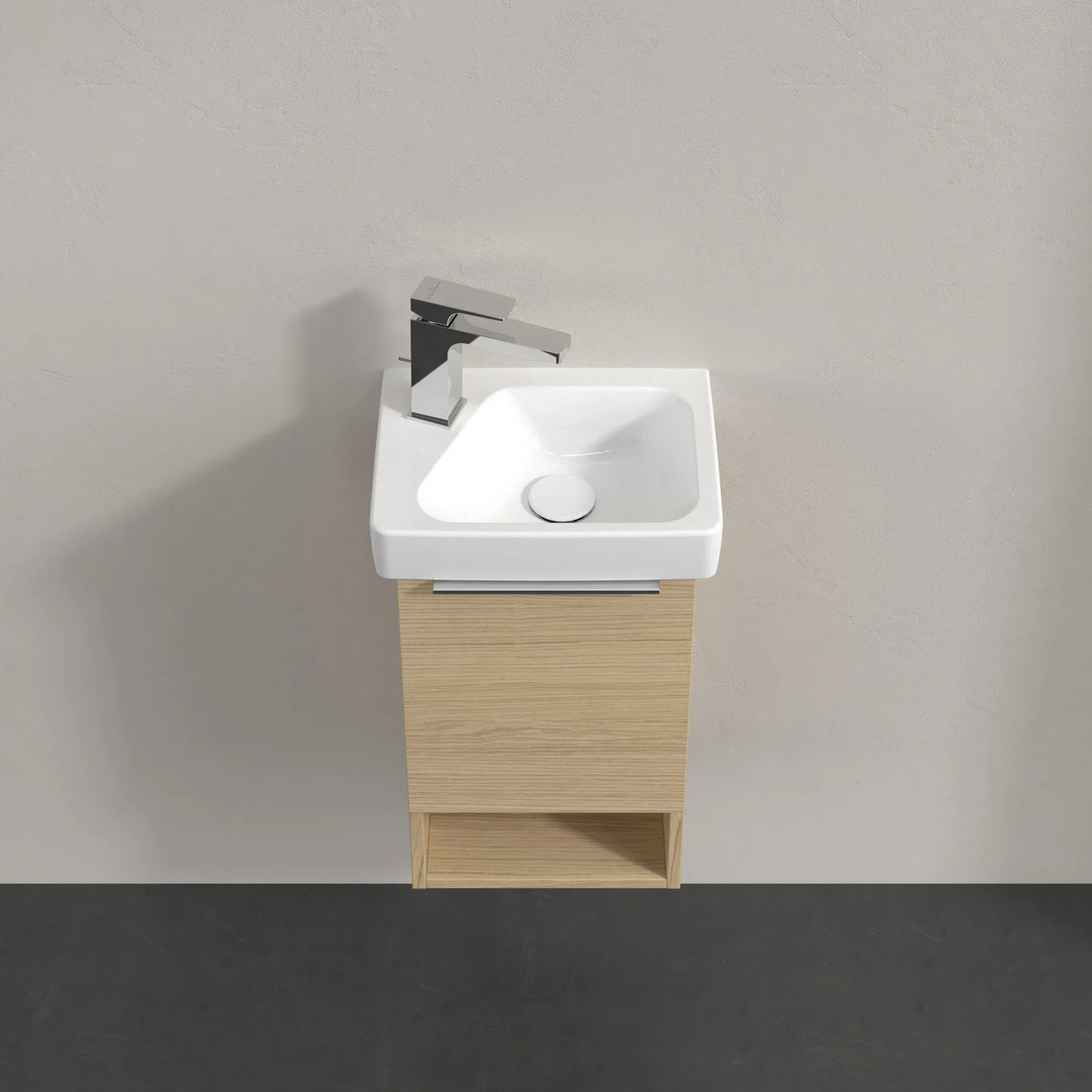 Mała umywalka z drewnianą szafką na ścianie, Villeroy & Boch