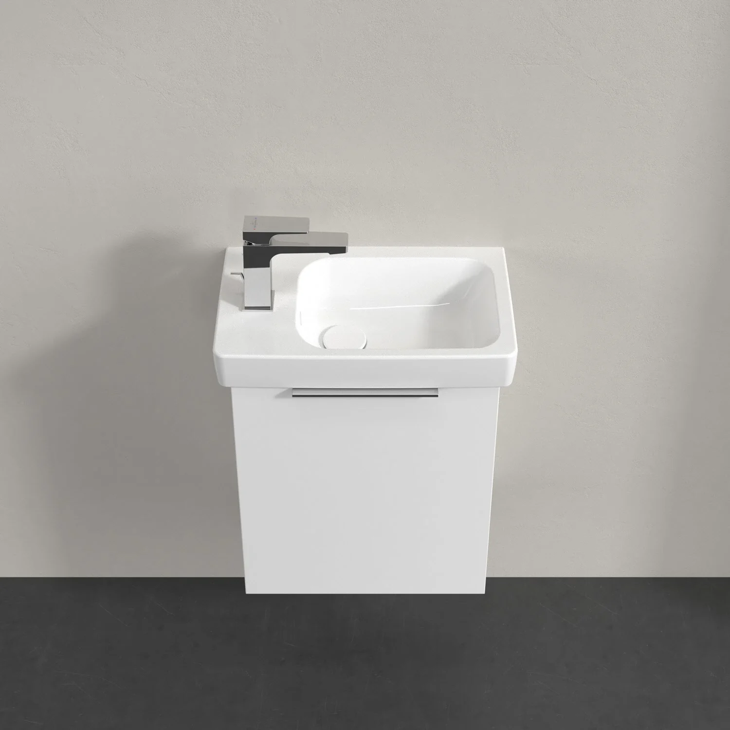 Umywalka z białą szafką z bliska, Villeroy & Boch