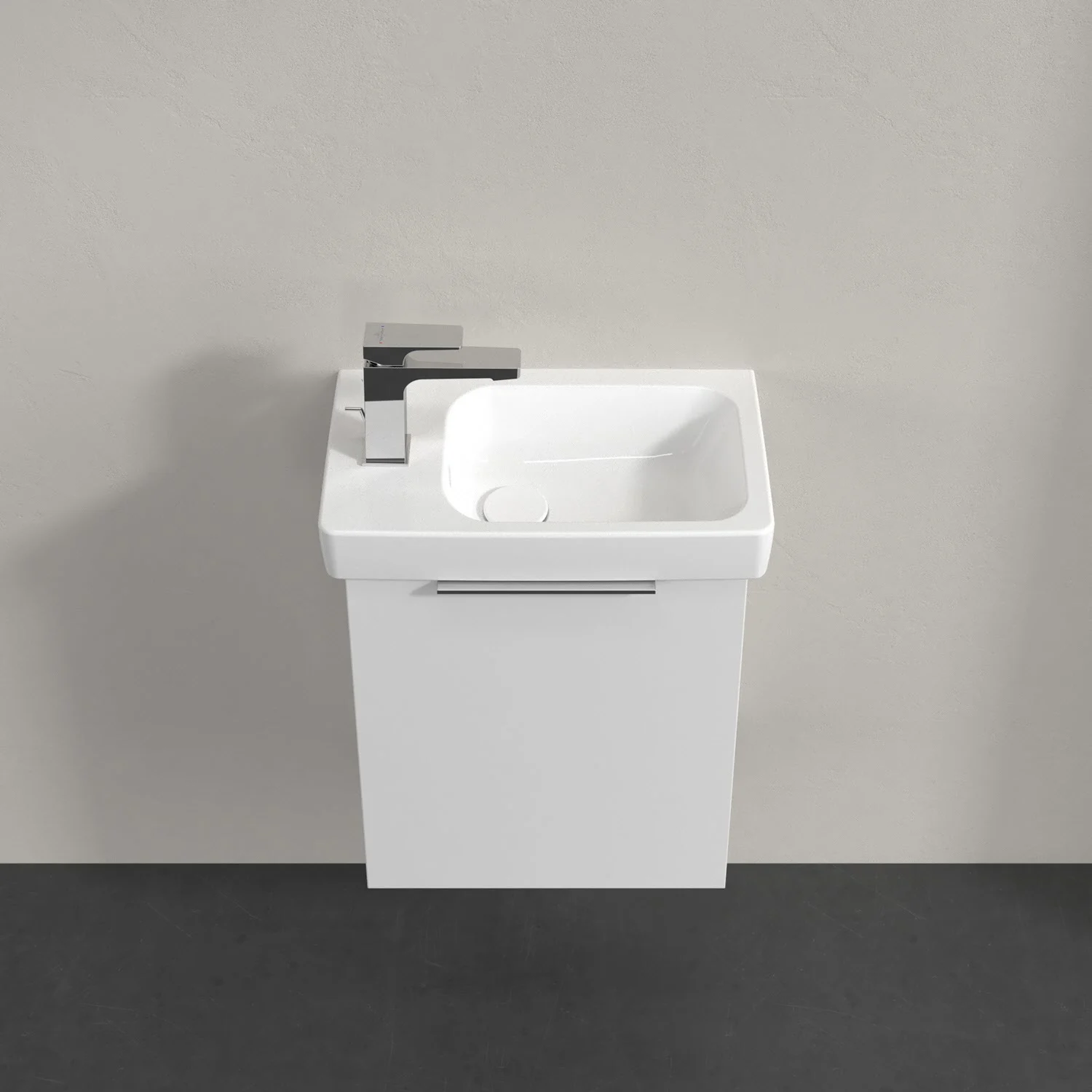 Umywalka z białą szafką z bliska, Villeroy & Boch