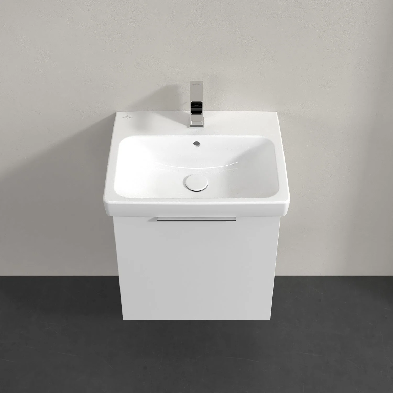 Biała umywalka z białą szafką z góry, Villeroy & Boch