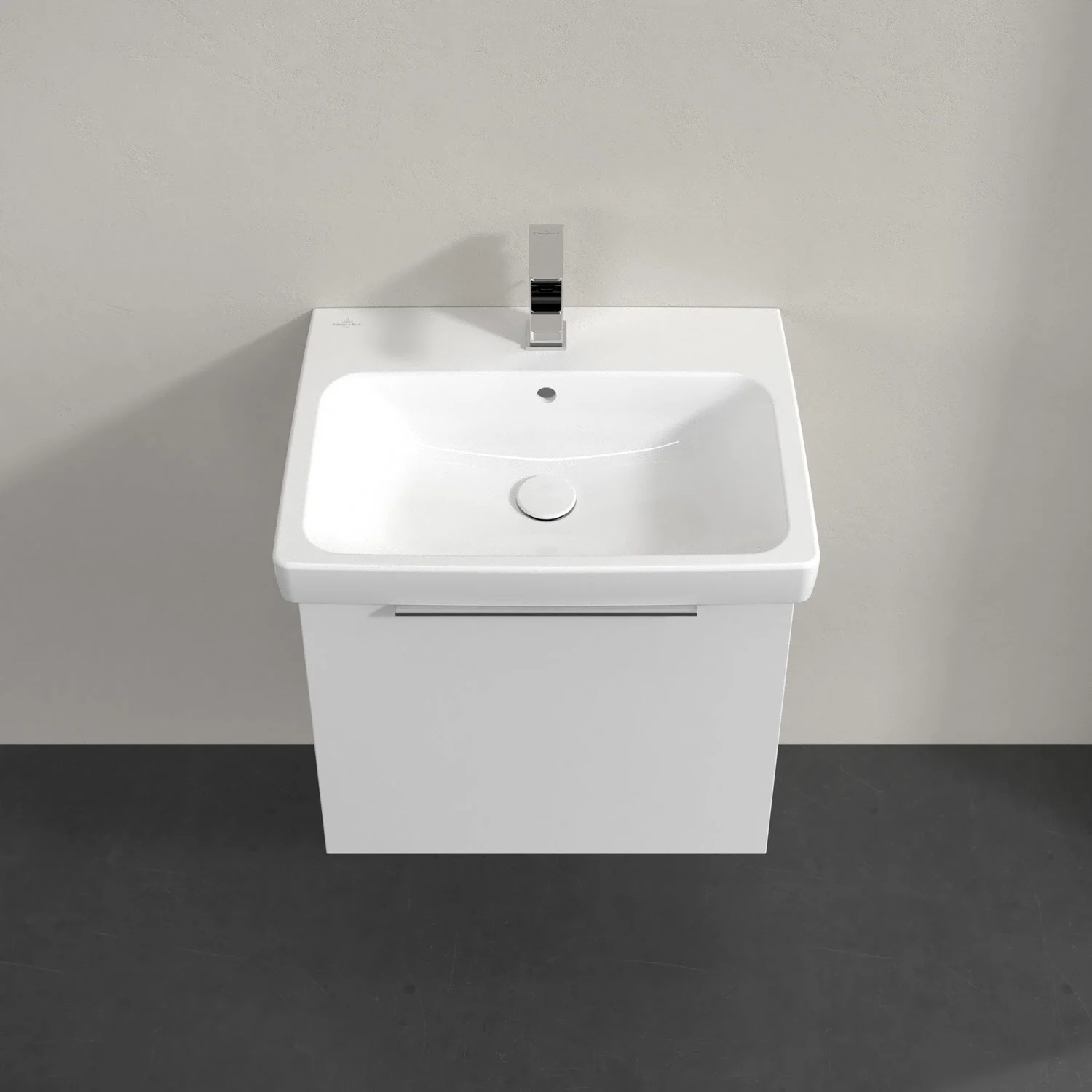 Biała umywalka z białą szafką z góry, Villeroy & Boch