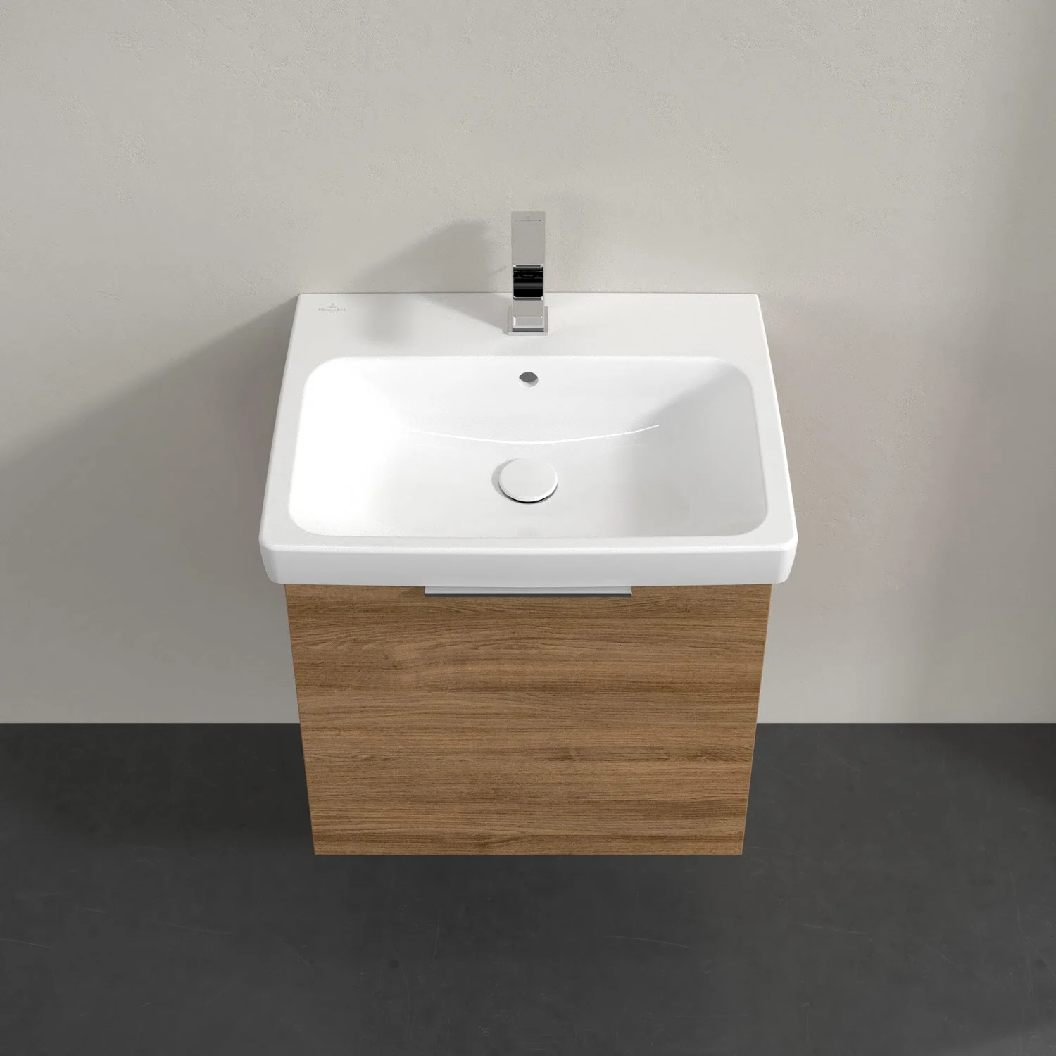 Umywalka z ciemną drewnianą szafką z góry, Villeroy & Boch
