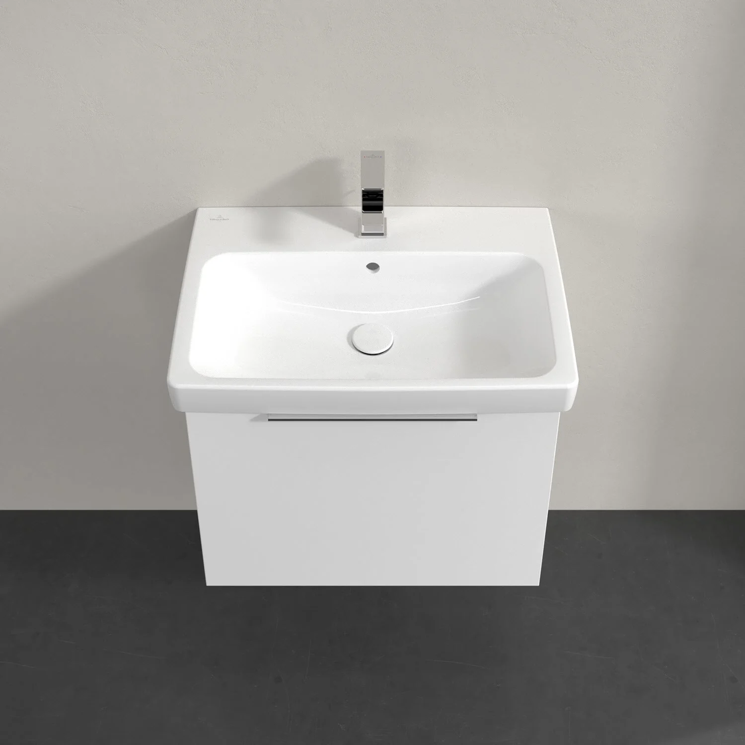 Biała umywalka z białą szafką widok z przodu, Villeroy & Boch