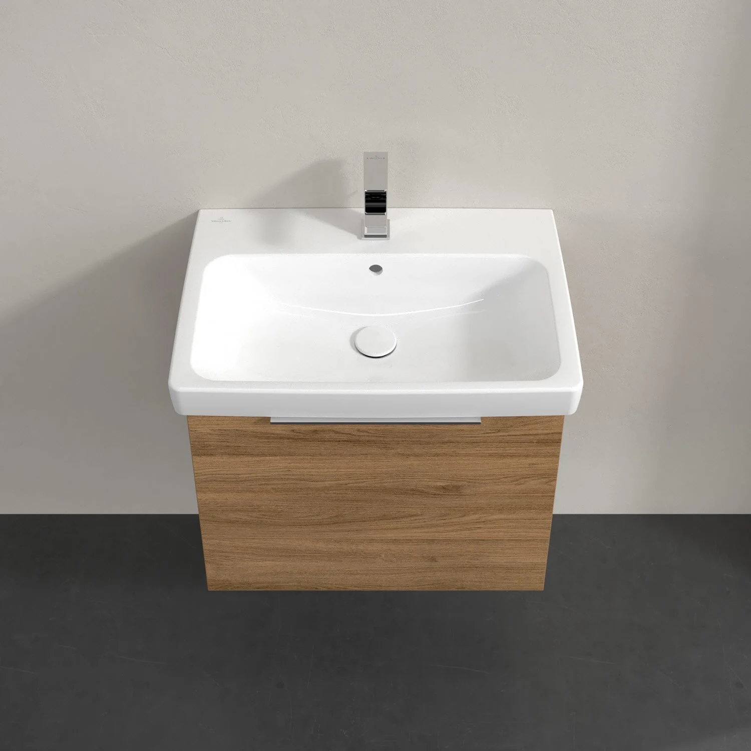 Umywalka z ciemną drewnianą szafką widok z przodu, Villeroy & Boch