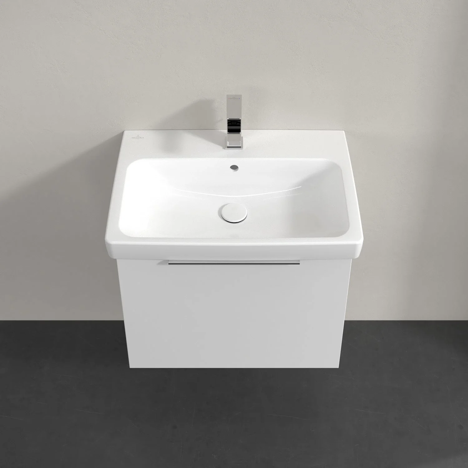 Umywalka z białą szafką widziana z góry, Villeroy & Boch