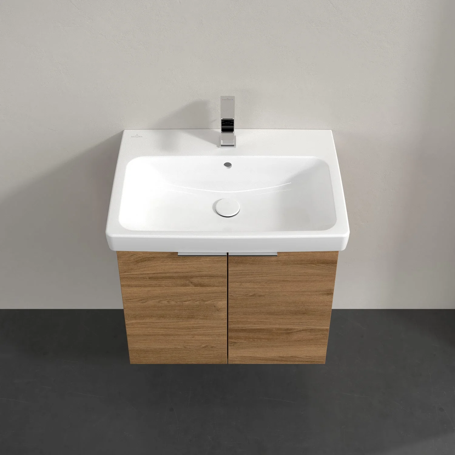 Umywalka z ciemną drewnianą szafką widziana z góry, Villeroy & Boch