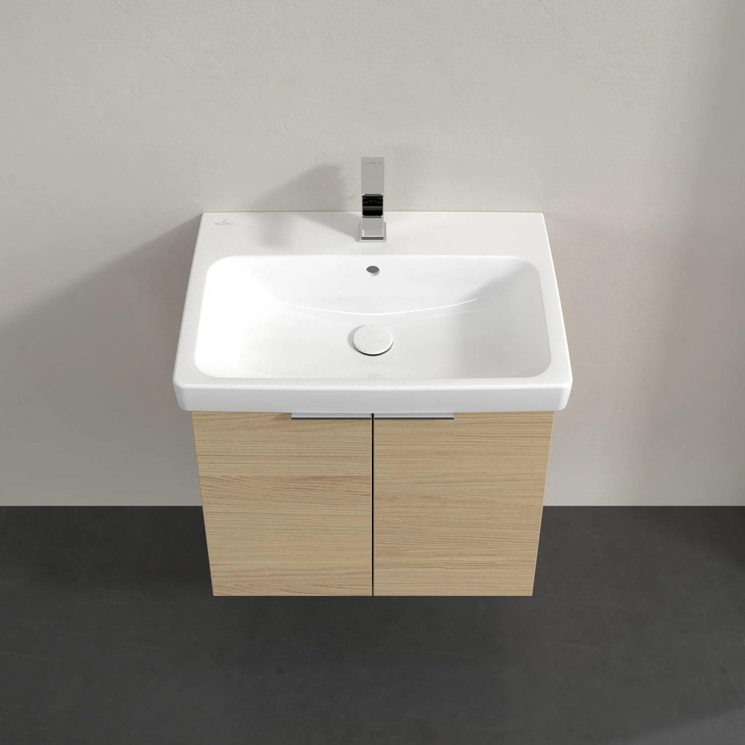 Umywalka z jasną drewnianą szafką widziana z góry, Villeroy & Boch