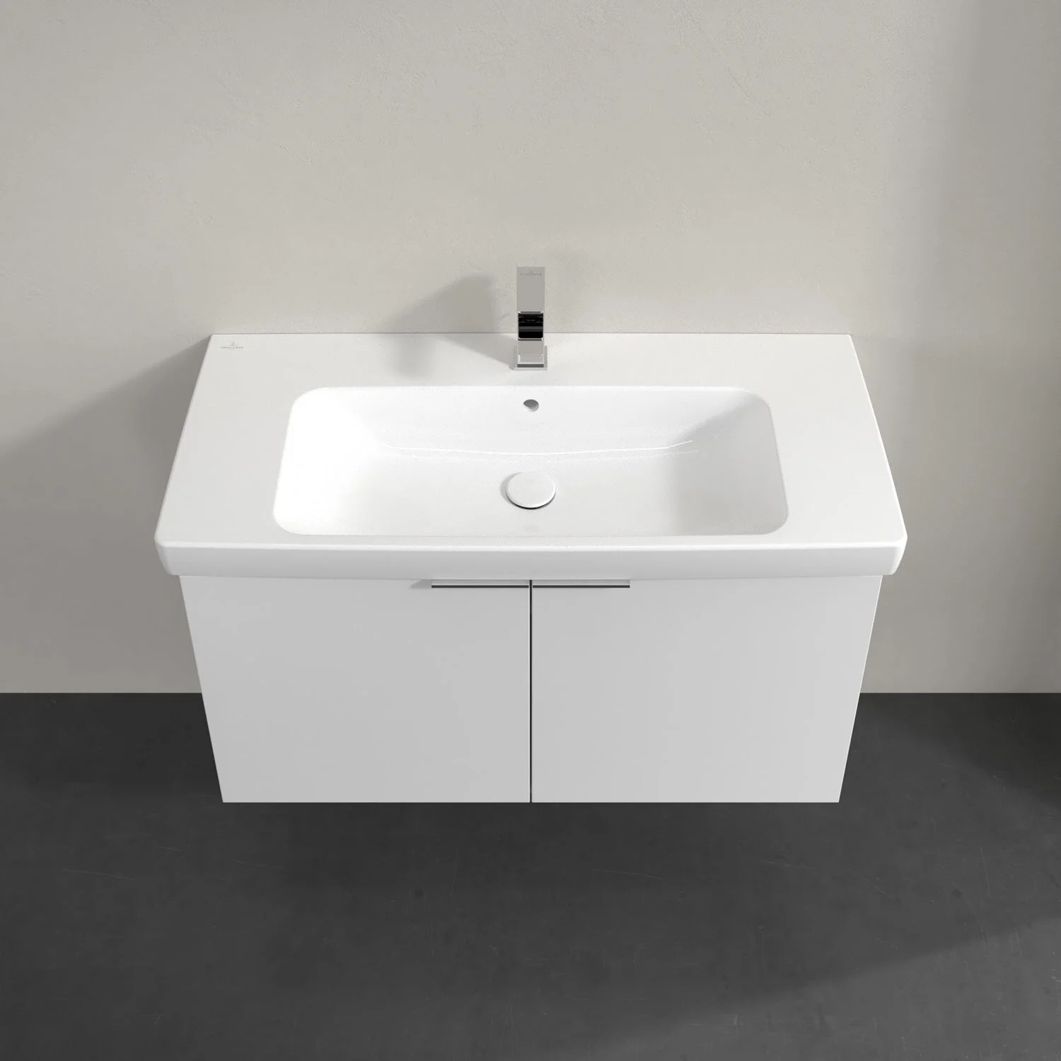 Biała umywalka z szafką widziana z góry, Villeroy & Boch
