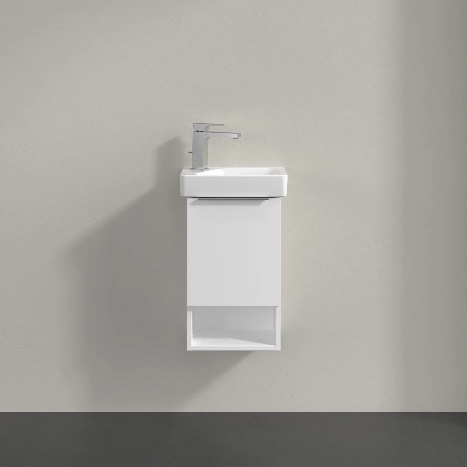Umywalka z białą szafką z bliska, Villeroy & Boch