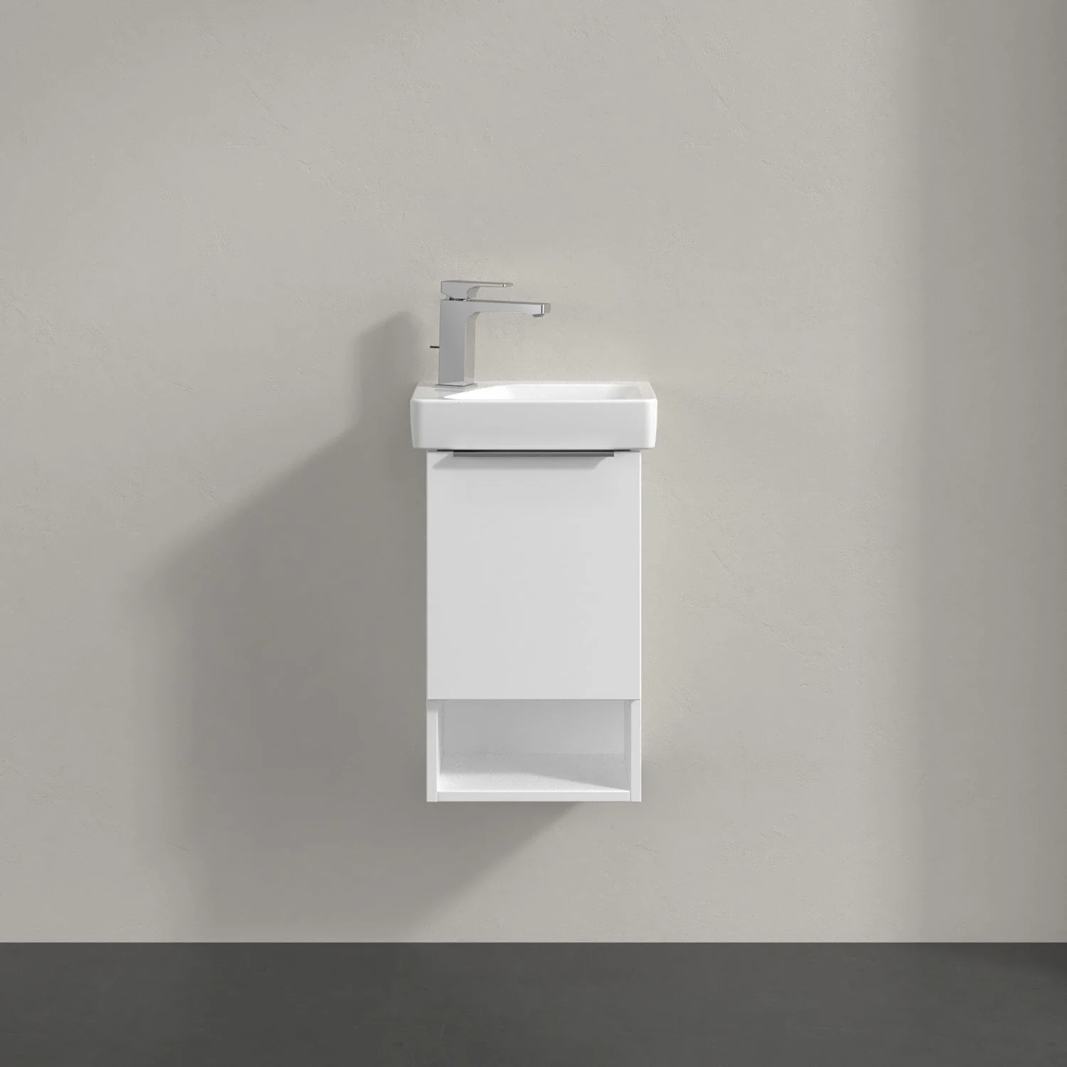 Umywalka z białą szafką z bliska, Villeroy & Boch