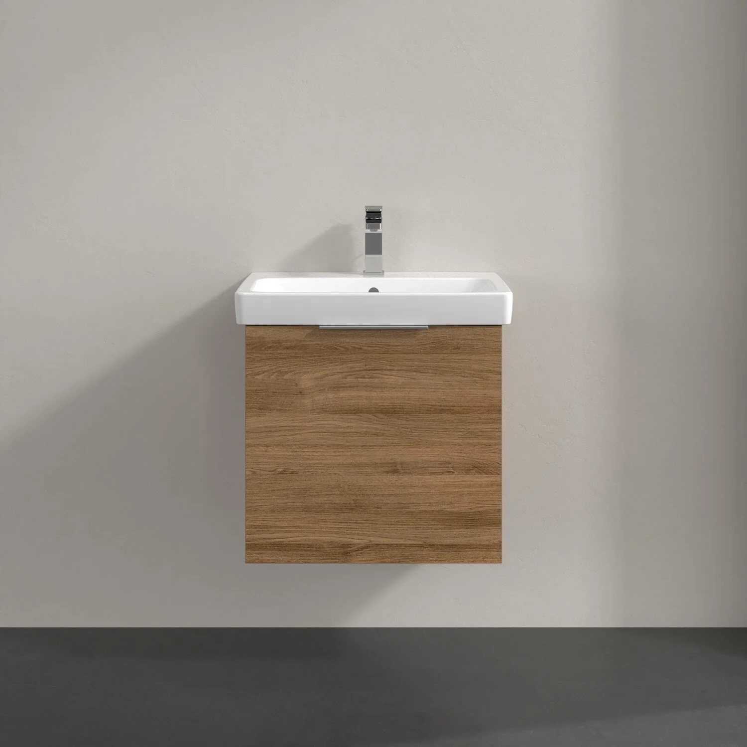 Umywalka z ciemną drewnianą szafką zbliżenie, Villeroy & Boch