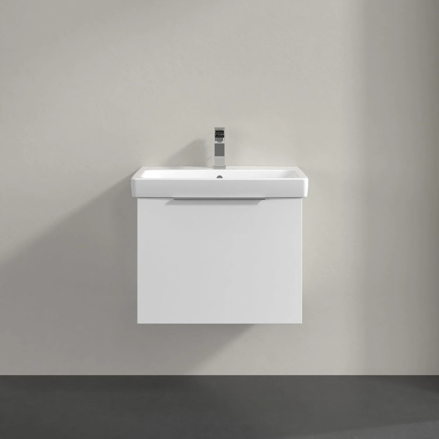 Biała umywalka z szafką w zbliżeniu, Villeroy & Boch